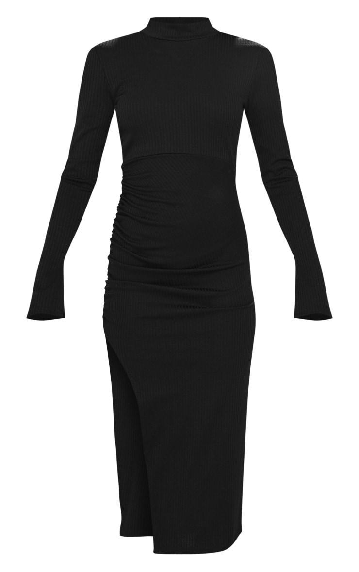 Black Rib Long Sleeve High Neck Ruched Midi Dress Product Image