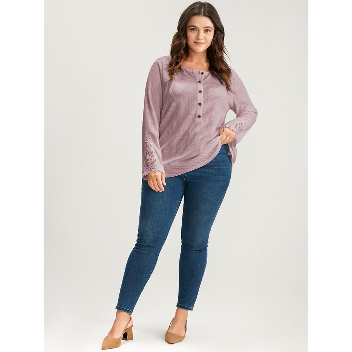 Plus Size Solid Button Up Waffle Knit Long Tee Lilac Women Elegant Plain Plain Round Neck Dailywear T-shirts BloomChic 30/6X Product Image