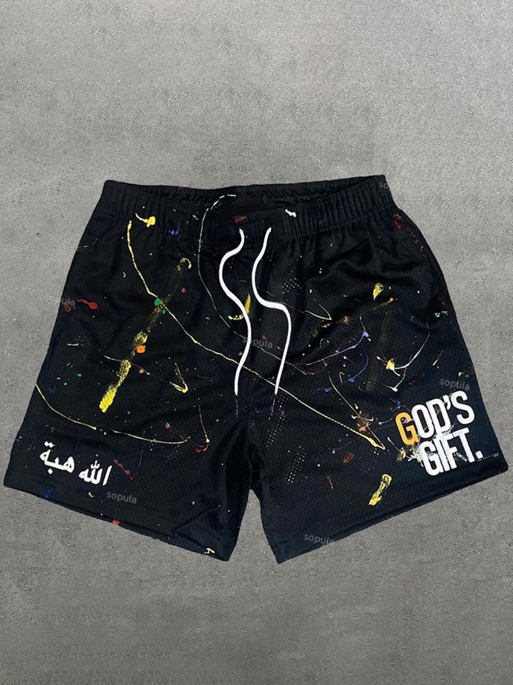 Vintage God's Gift Graphic Casual Street Mesh Shorts Product Image