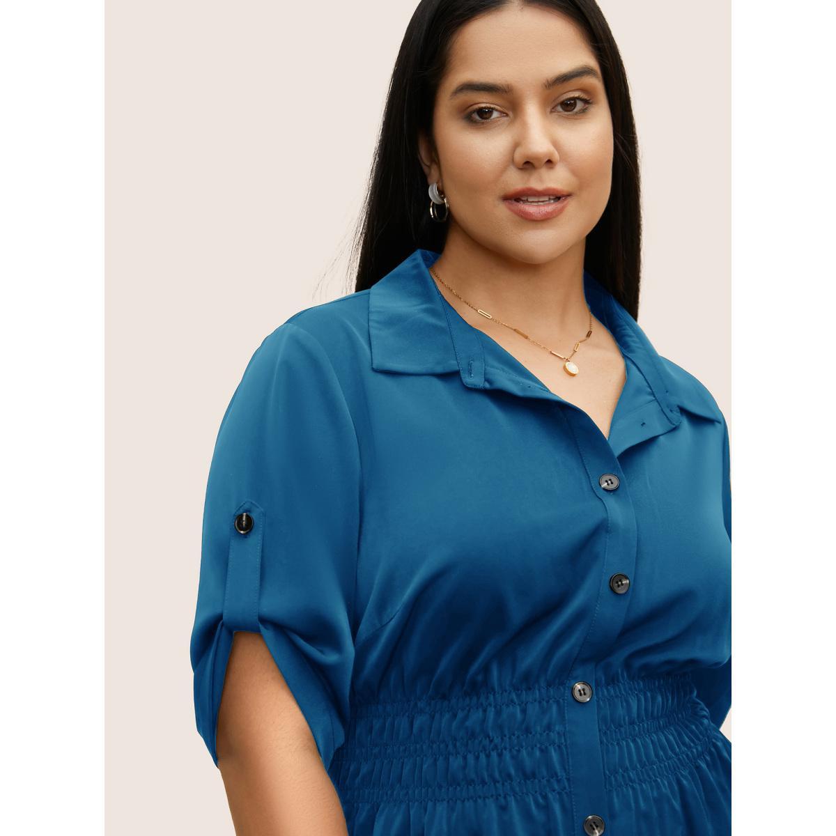 Plus Size Cerulean Shirt Collar Button Cuff Sleeve Blouse Women Work From Home Half Sleeve Shirt collar Work Blouses BloomChic 30/6X Product Image