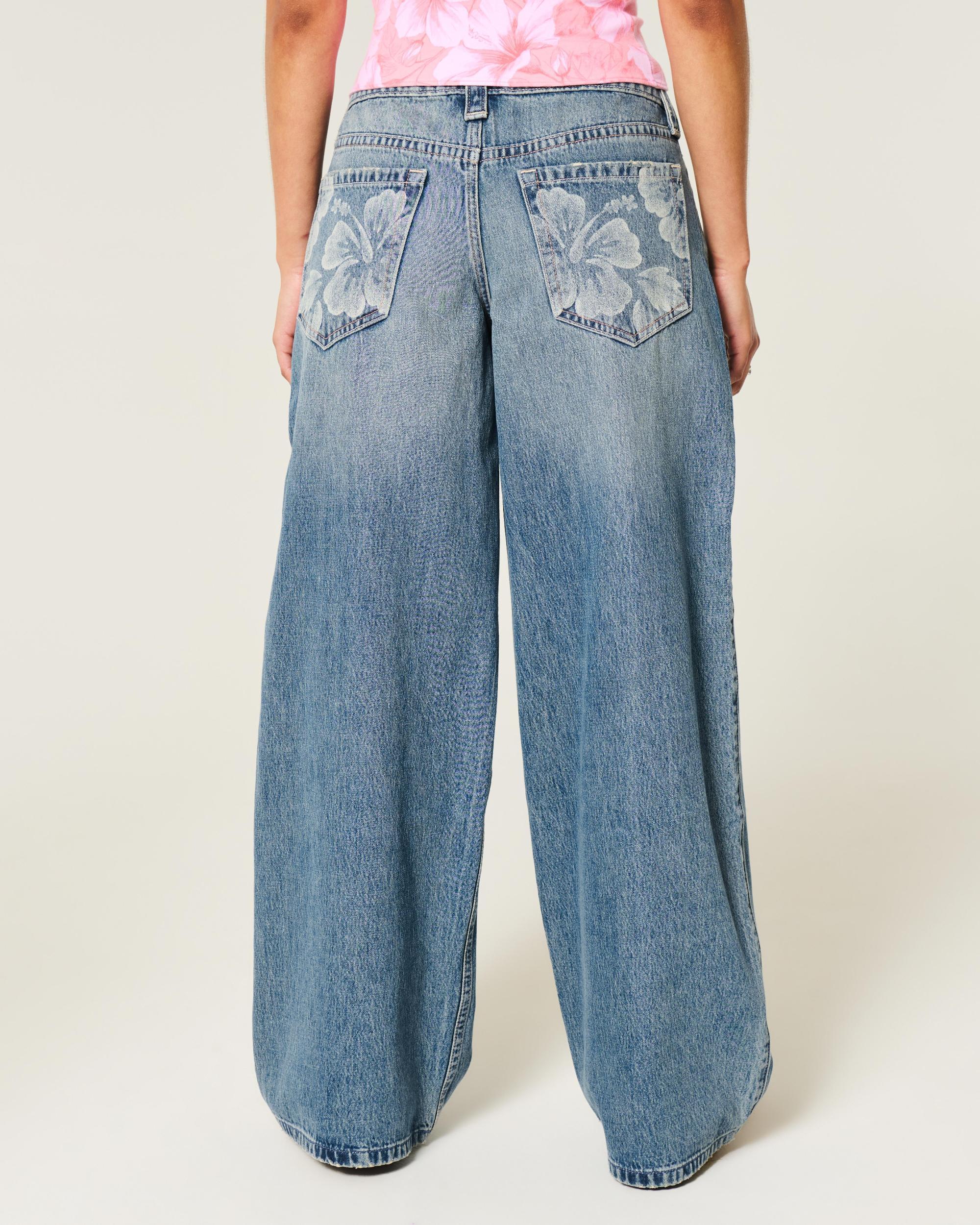 Low-Rise Medium Wash Floral Print Super Baggy Jeans Product Image