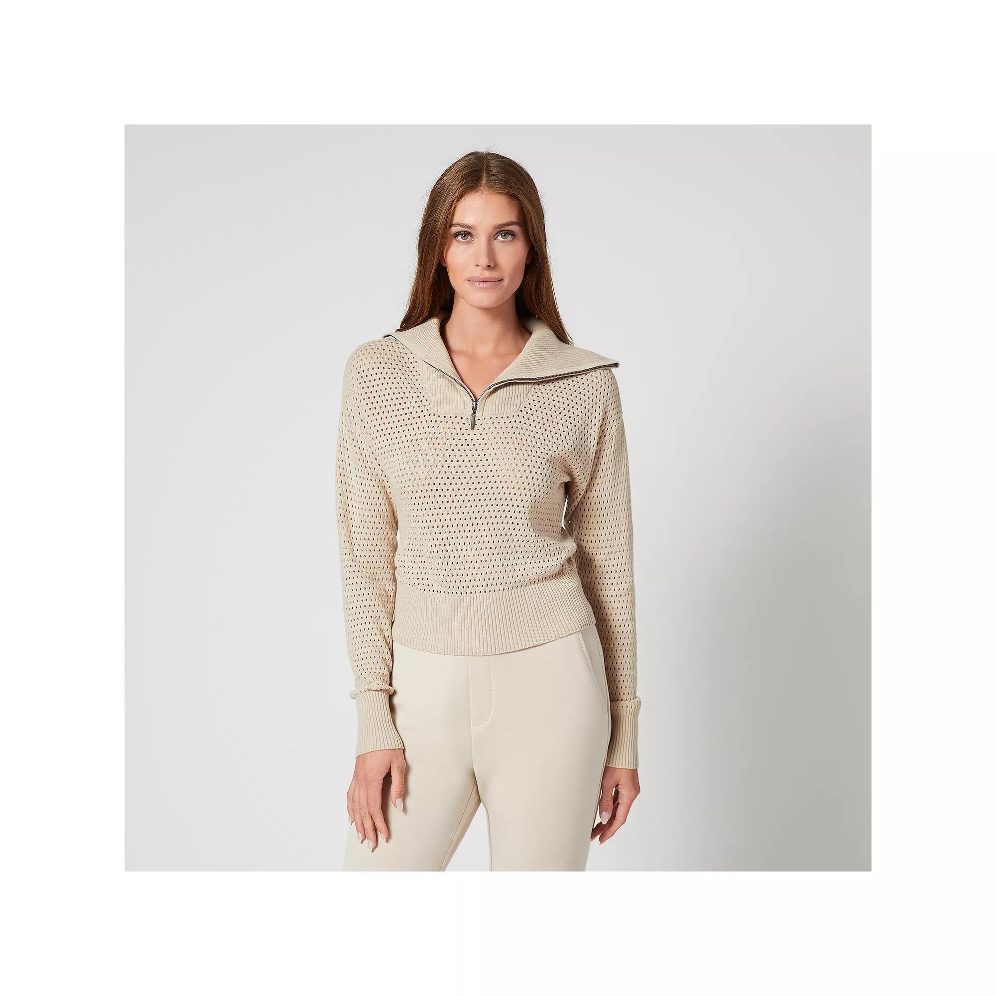 Womens Grey & Gray Zip Neck Mesh Stitch Sweater, Womens Product Image