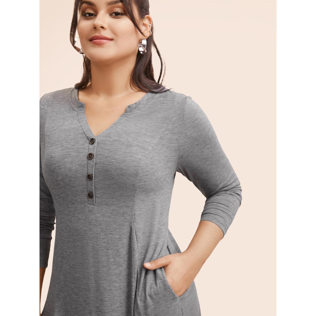 Plus Size Notched Solid Heather Midi Dress Mediumgray Women Casual Button Notched collar Long Sleeve Curvy BloomChic 14-16/1X Product Image