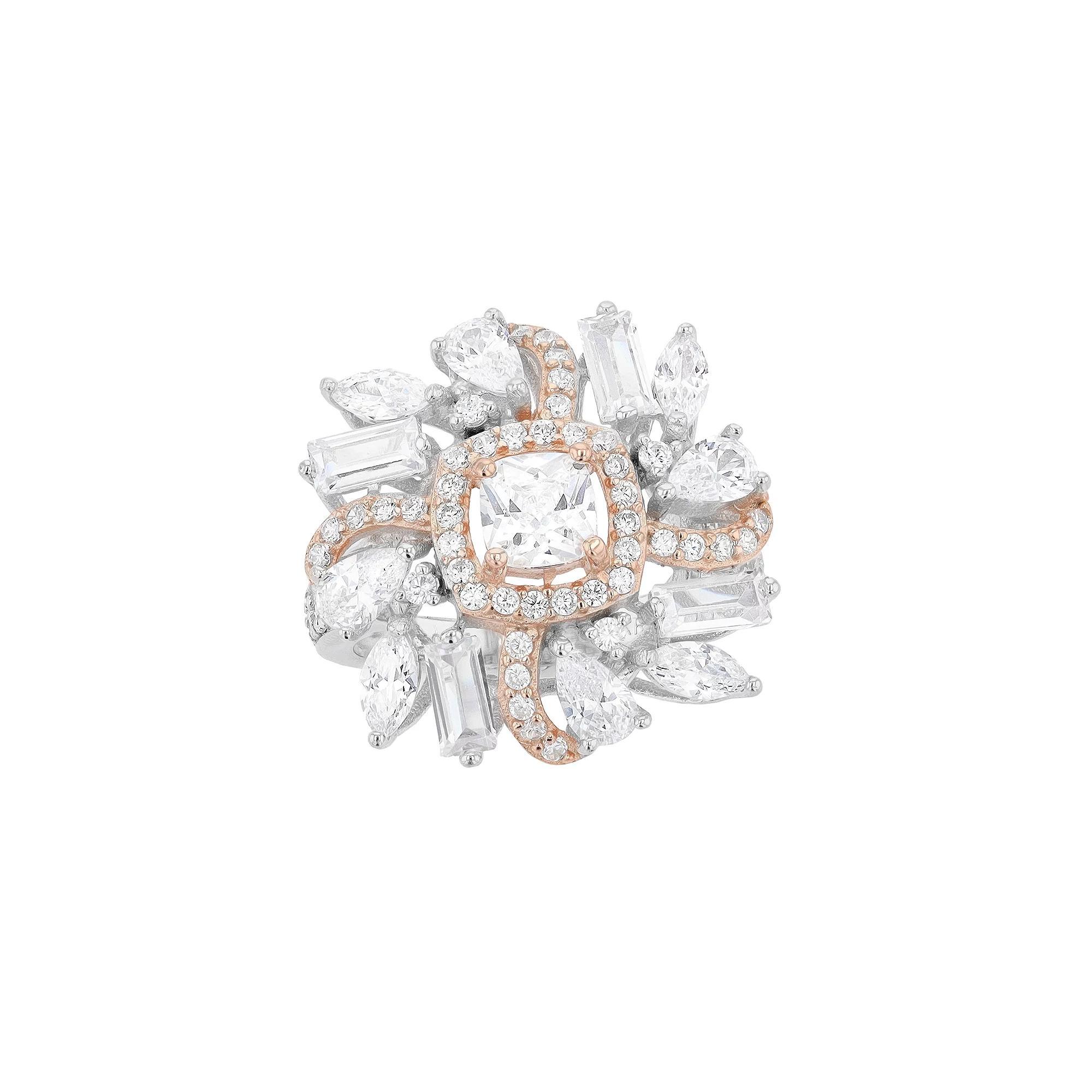 Two Tone Sterling Silver Cubic Zirconia Cluster Ring, Womens Product Image