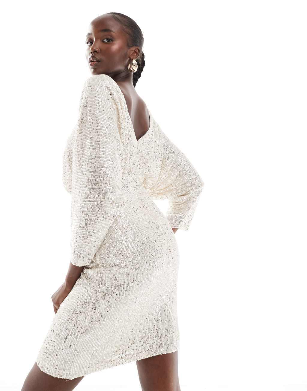 TFNC Tall sequin kimono top mini dress in silver Product Image