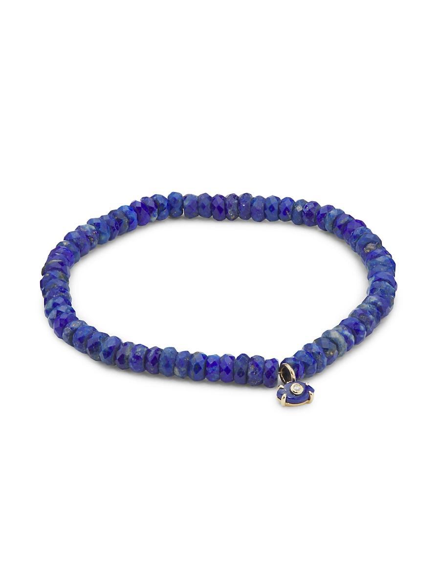 Womens 14K Yellow Gold, Lapis Lazuli & 0.01 TCW Diamond Evil Eye Beaded Stretch Bracelet Product Image