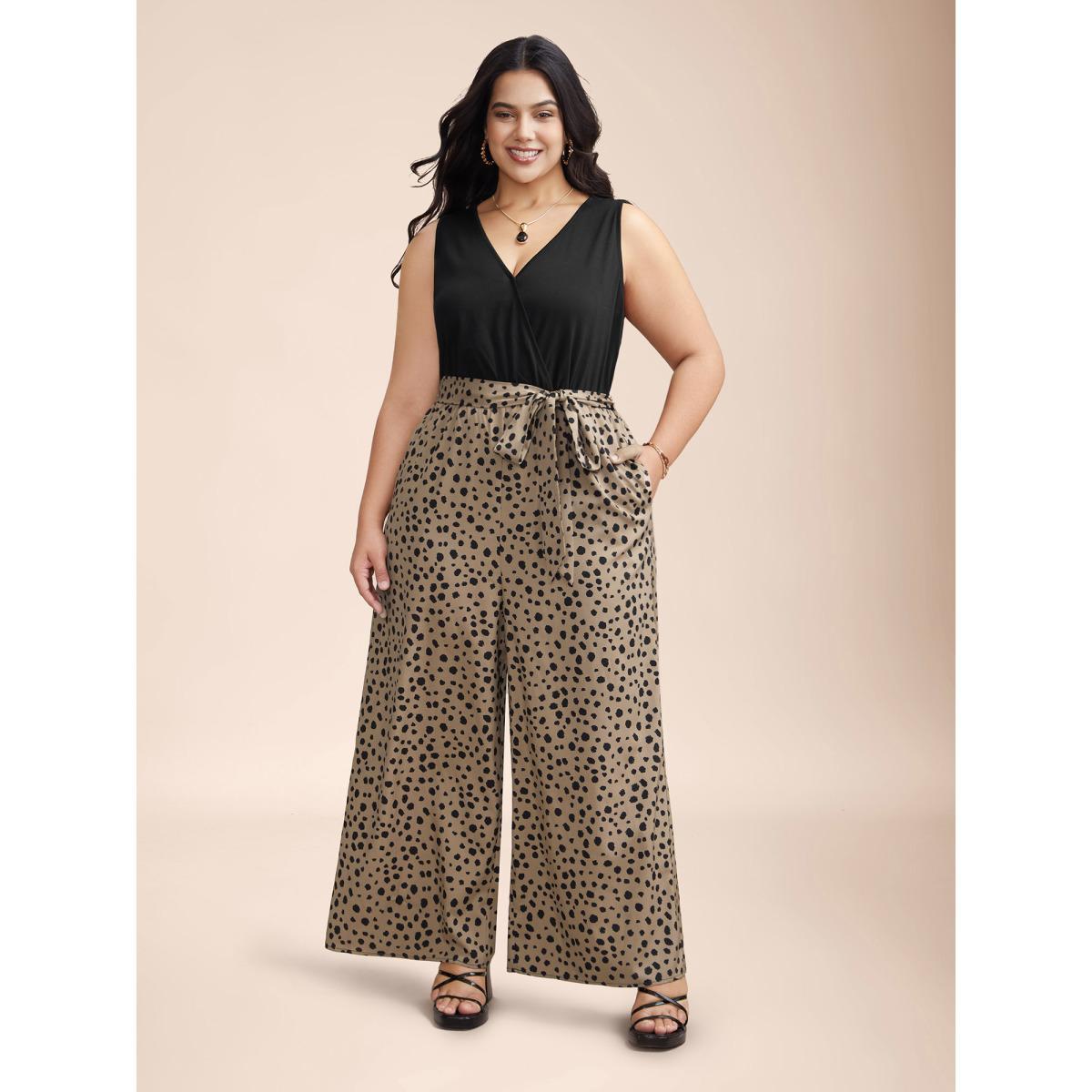 Plus Size LightBrown Spliced Belted Pockets Contrast Jumpsuit Women Elegant Sleeveless Overlap Collar Everyday-Elegant Loose Jumpsuits BloomChic 30/6X Product Image