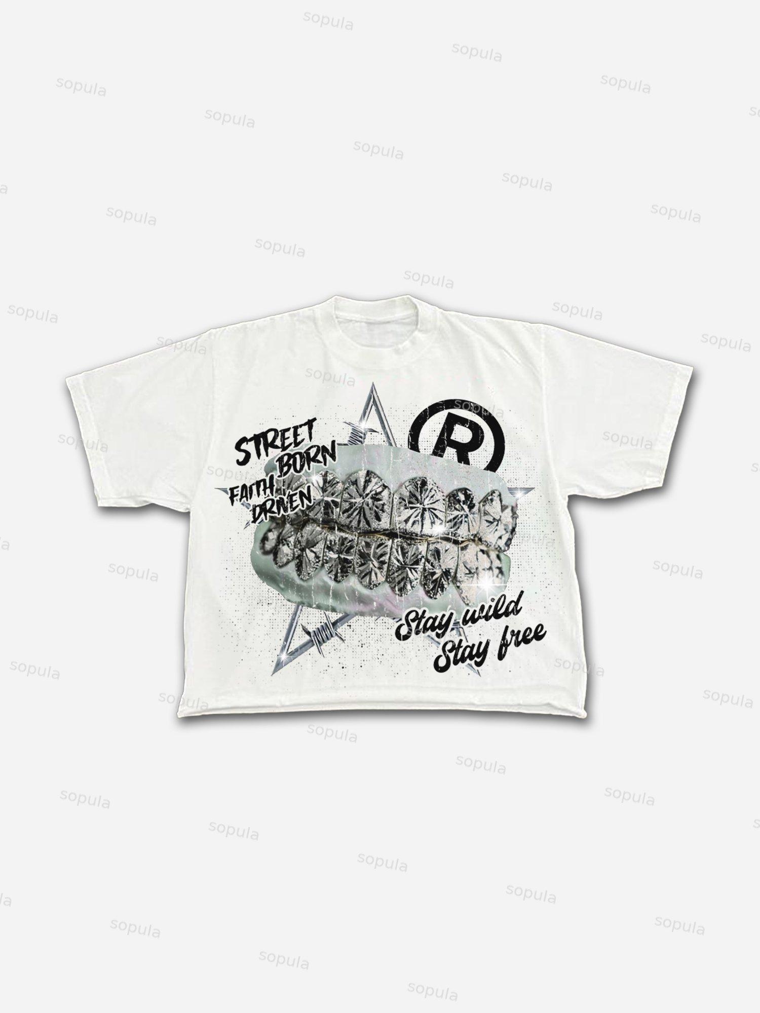 Aged Vintage Stars Plastered Diamond Braces Graphic Cropped T-shirt Product Image