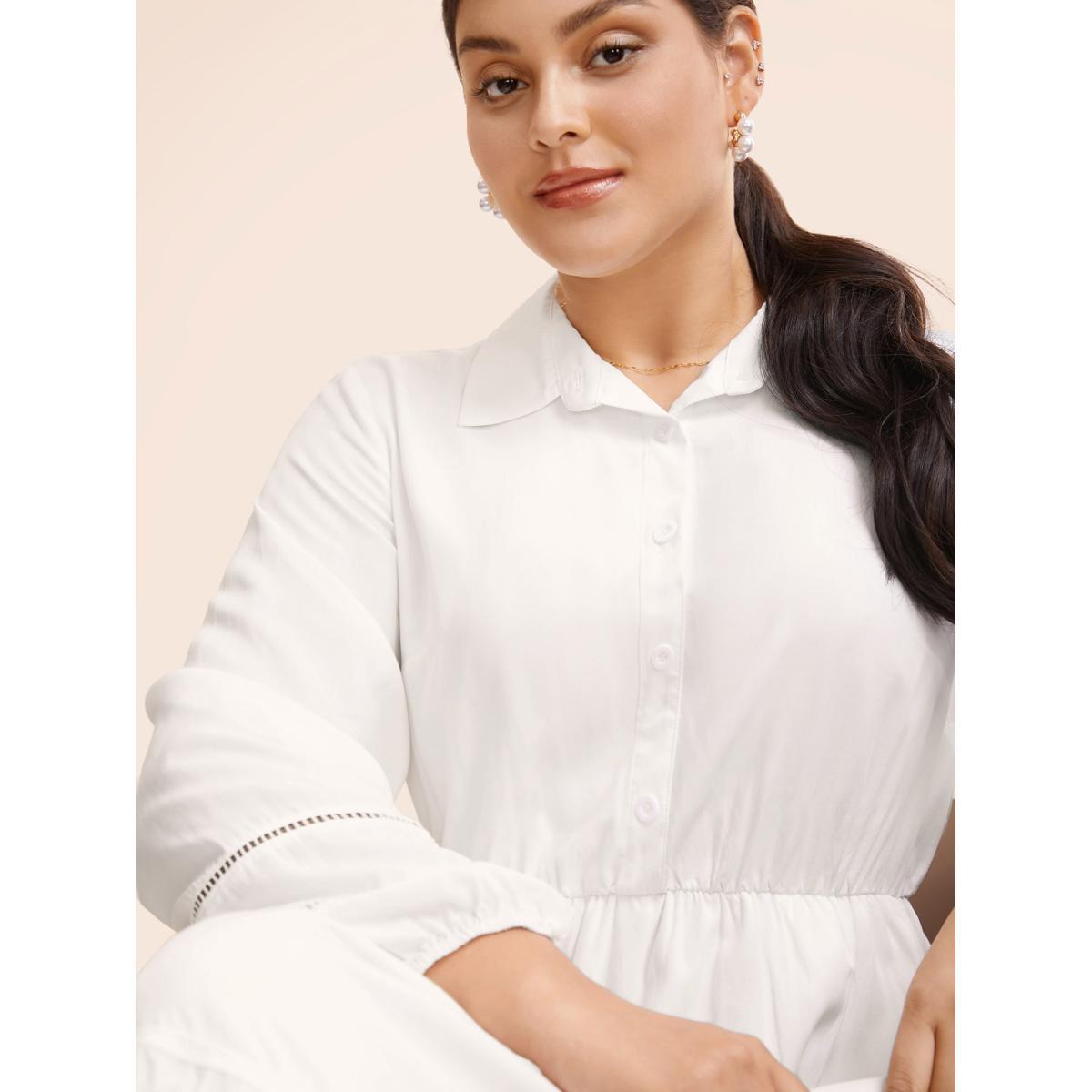 Plus Size Shirt Collar Button Detail Woven Ribbon Dress Originalwhite Women Workwear Essentials Woven ribbon&lace trim Shirt collar Long Sleeve Curvy BloomChic 30/6X Product Image