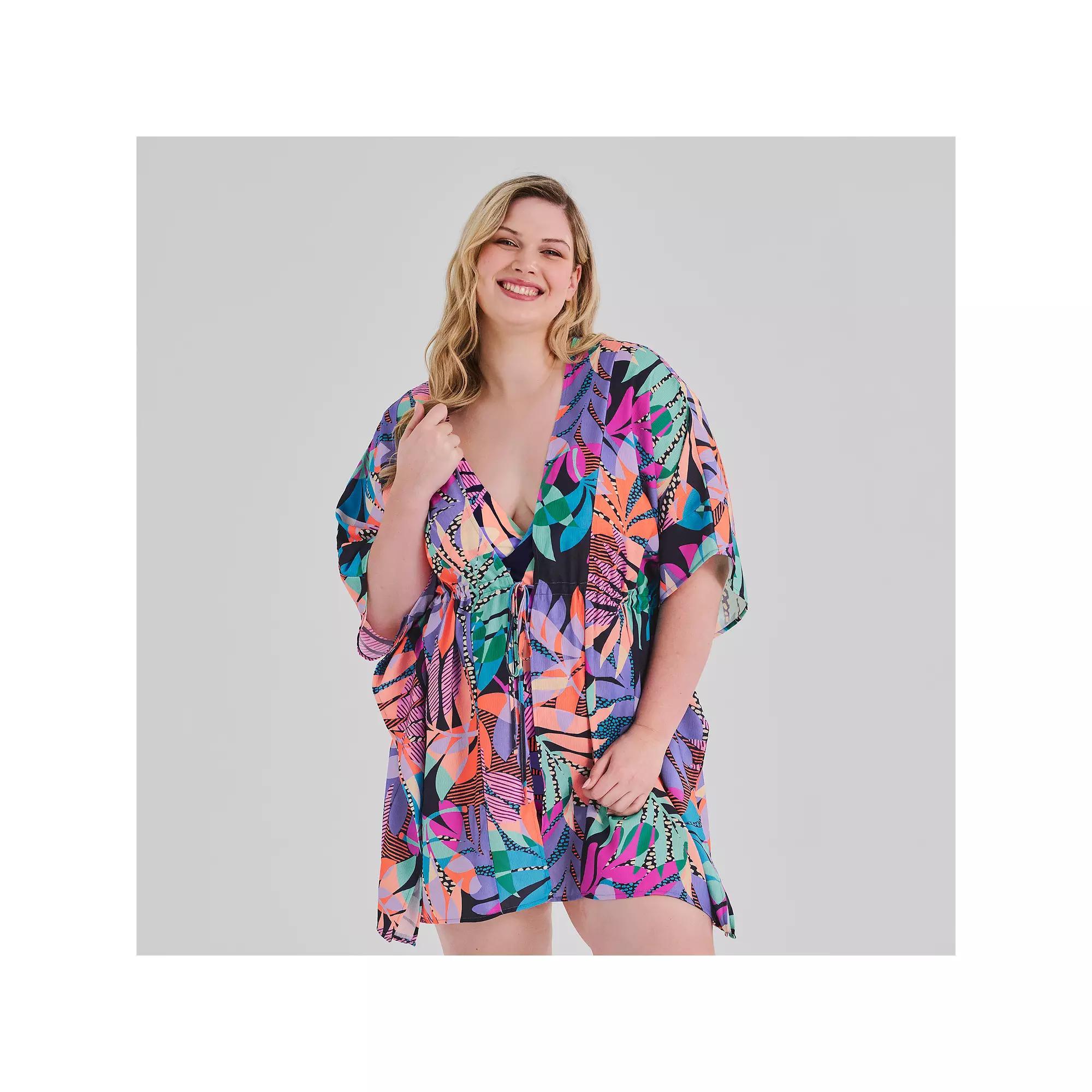 Plus Size Freshwater Front Caftan Tunic Swim Cover Up, Women's, Size: 2XL, Bahia Leaves Product Image