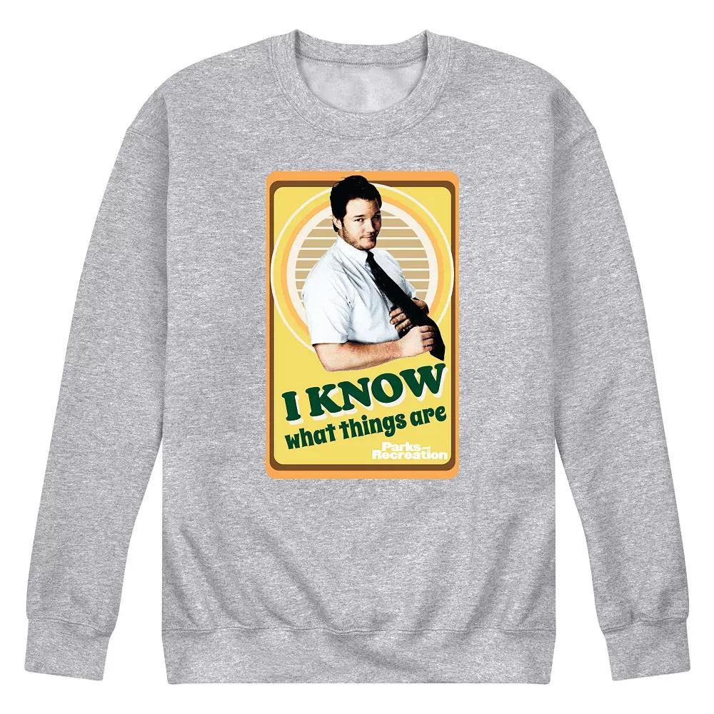 Mens Parks And Recs I Know What Things Fleece Sweatshirt Athletic Grey Product Image