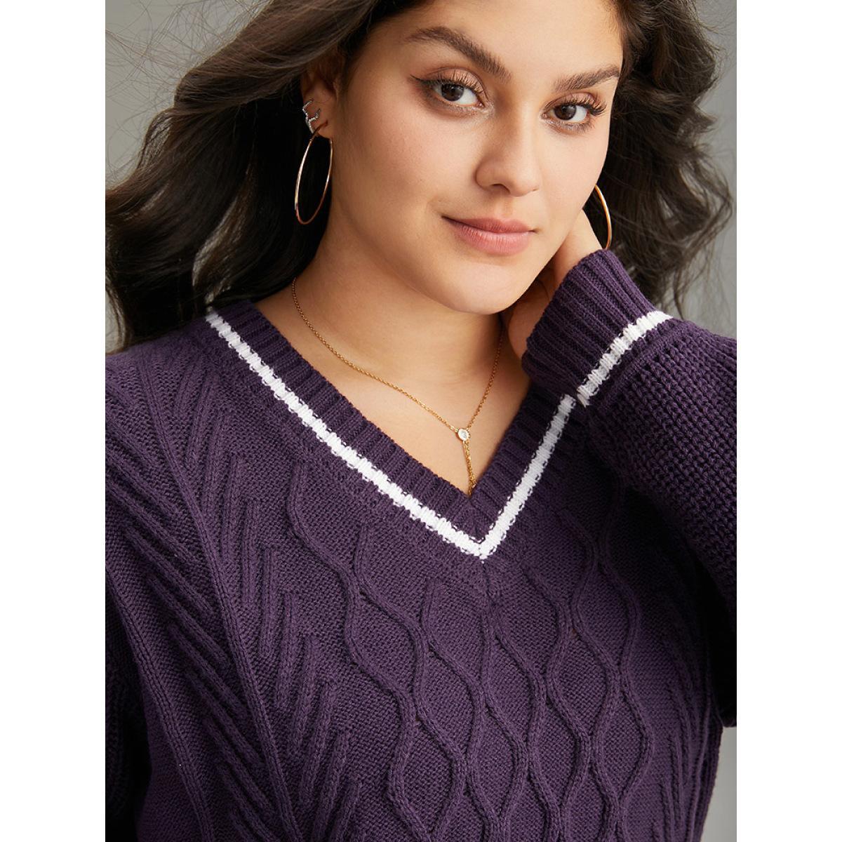 Plus Size Plain Texture Contrast V Neck Cable Knit Pullover Eggplant Women Casual Loose Long Sleeve V-neck Dailywear Pullovers BloomChic 22-24/3X Product Image