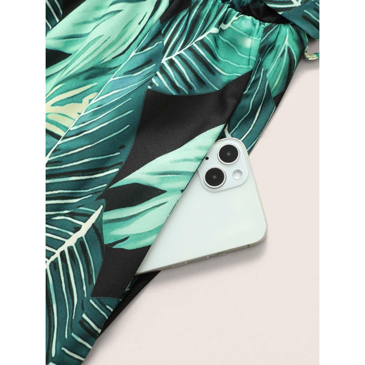 Plus Size Tropical Print Knotted Pocket Ruffles Belted Halter Dress Black Women Resort Non Halter neck Sleeveless Curvy Midi Dress BloomChic 14-16/1X Product Image