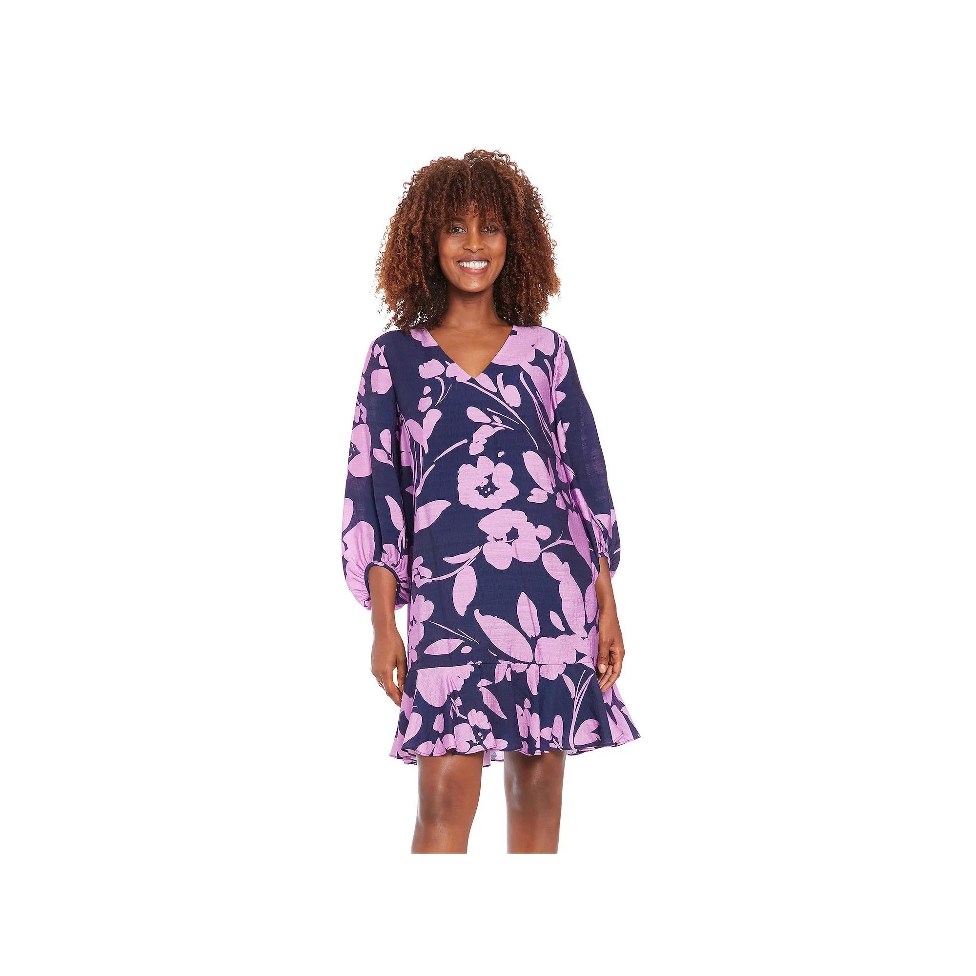Women's London Times V-Neck Bishop Sleeve Flounce Hem Shift Dress, Size: Medium, Navy Purple Product Image