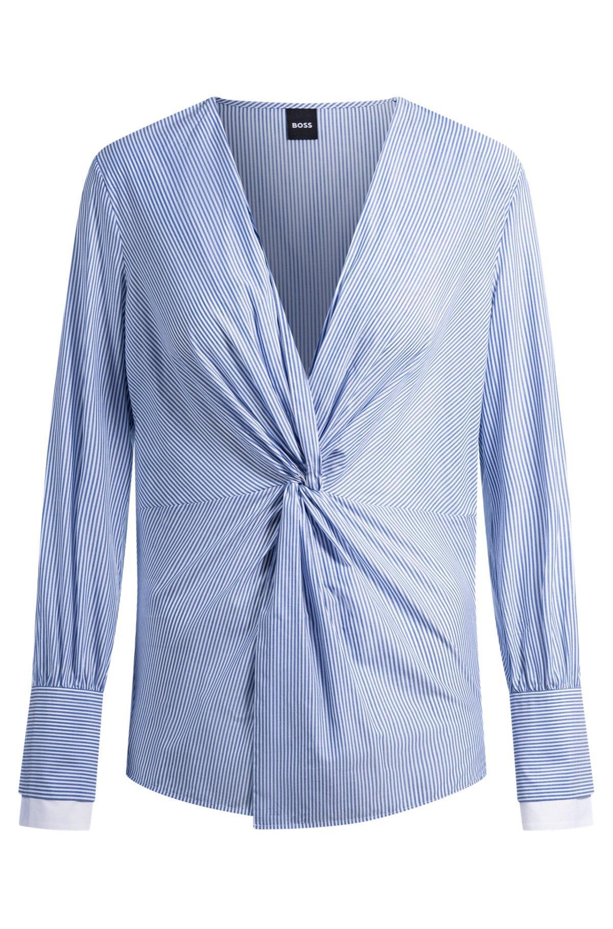 BOSS - Twist-front slim-fit blouse in striped cotton - Blue Product Image