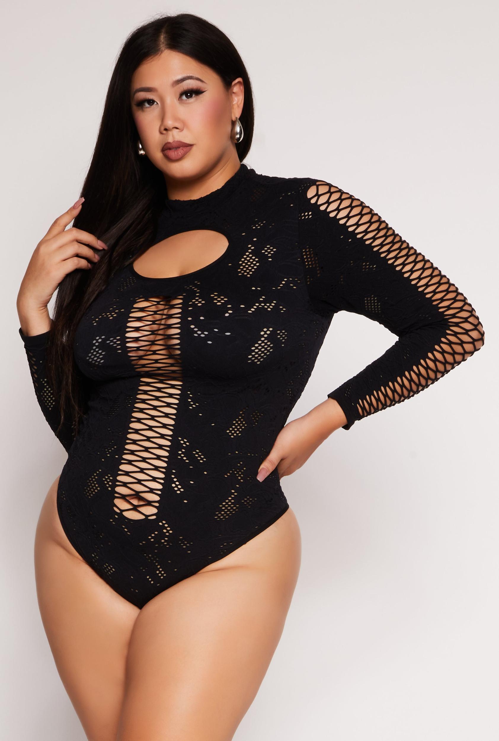 Womens Plus Size Keyhole Fishnet Detail Long Sleeve Bodysuit Product Image