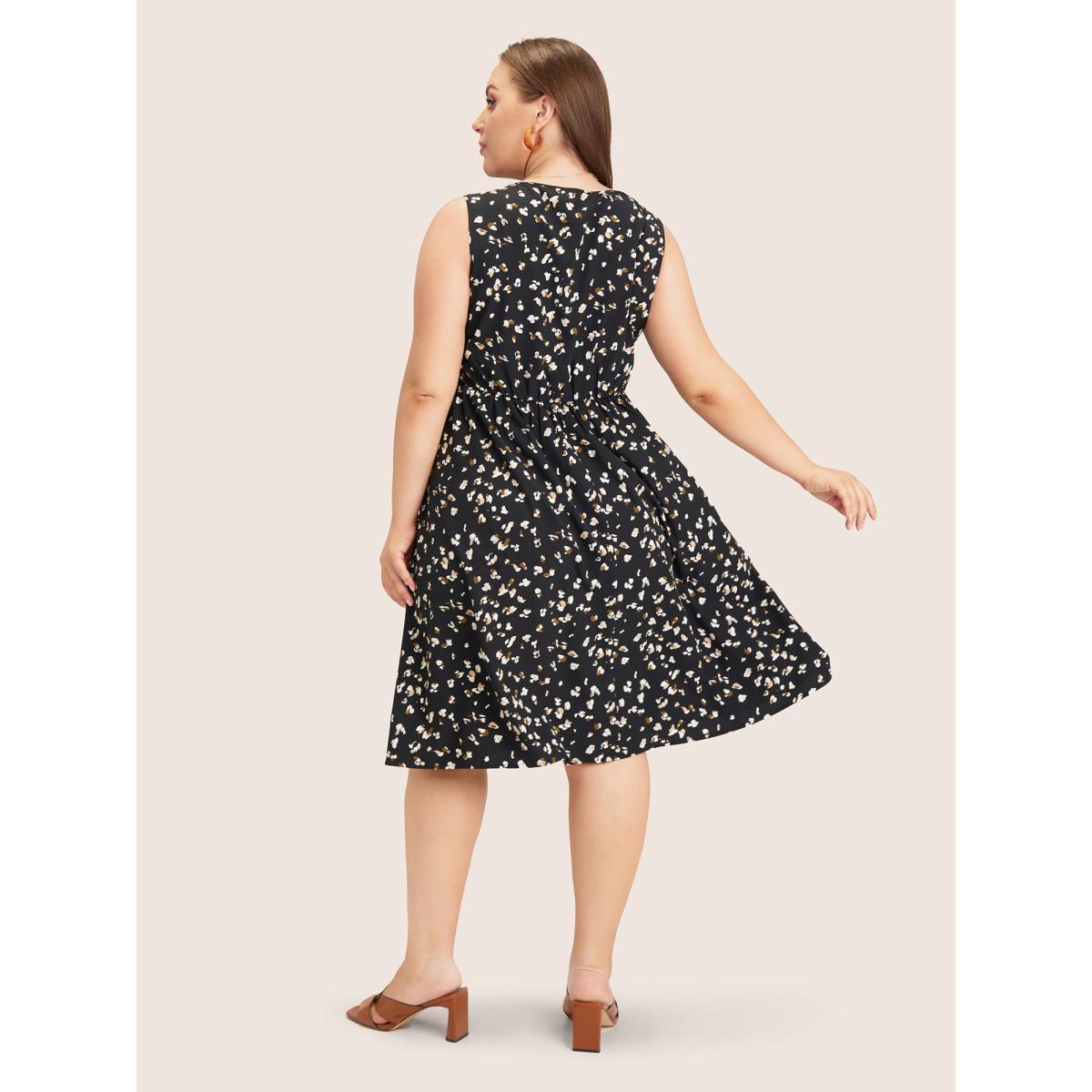 Plus Size Allover Print Pocket Flutter Crossover Ruched Tank Dress Black Women Elegant Twist Round Neck Sleeveless Curvy Midi Dress BloomChic 26/4X Product Image