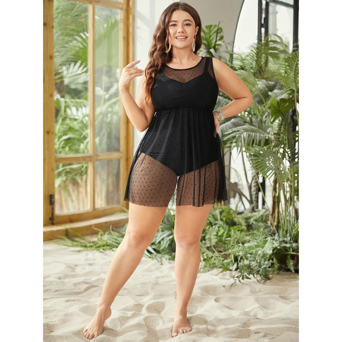 Plus Size Cut Out Mesh Ruffle Hem Bowknot Sleeveless Swim Dress Women's Swimwear Black Vacation Bodycon Round Neck High stretch Curve Swim Dresses BloomChic 26/4X Product Image