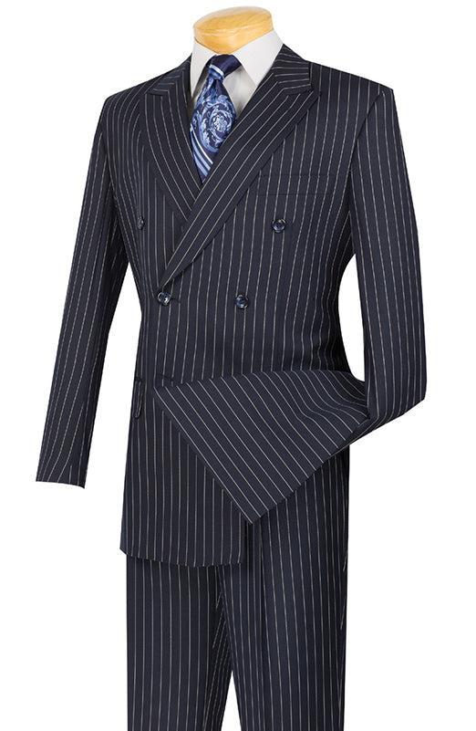 Navy Regular Fit 2 Piece Pinstripe Double Breasted Suit With Flexible Elastic Waistband Product Image