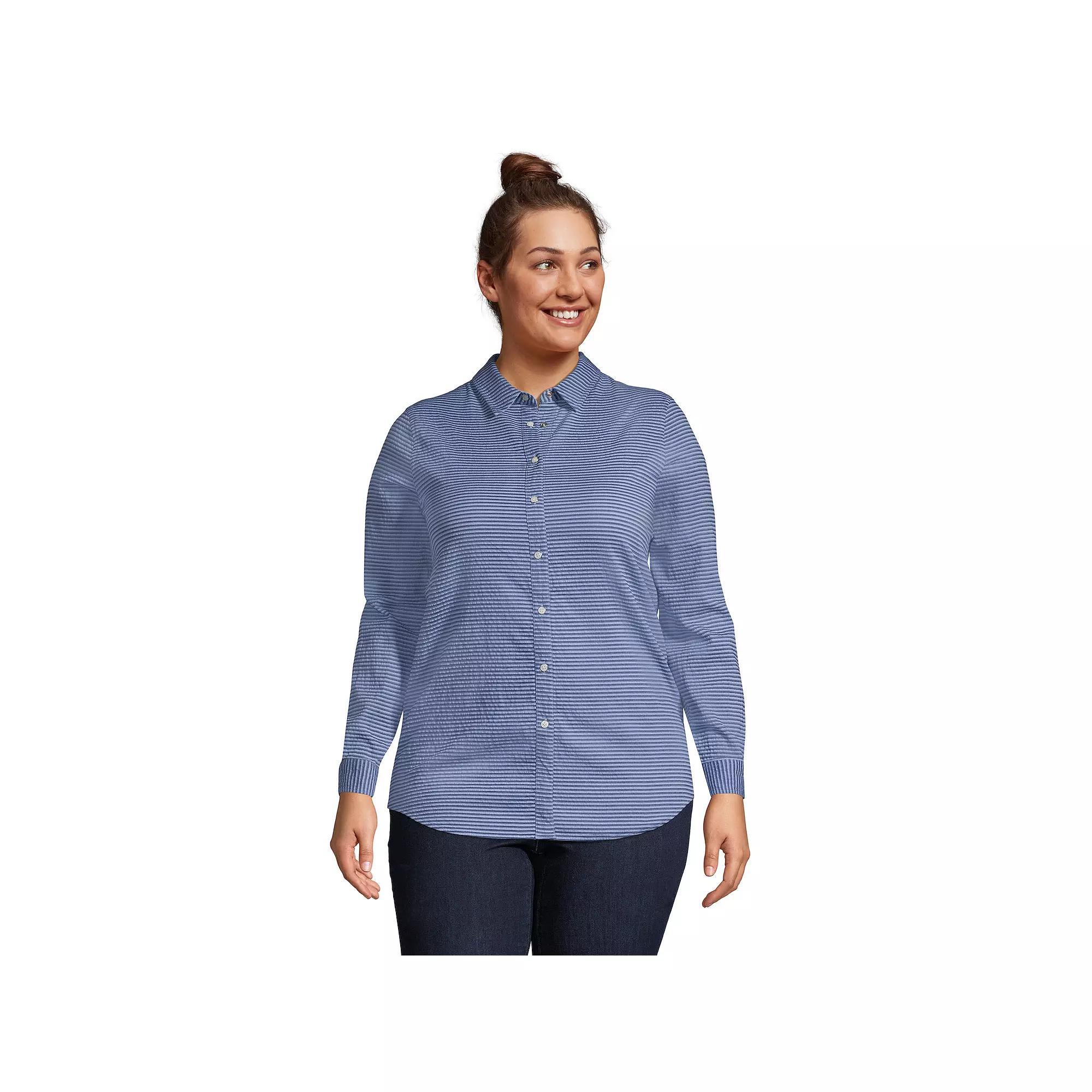Plus Size Lands' End Reversible Boyfriend Fit Long Sleeve Tunic Top, Women's, Size: 2XL, Navy Blue Stripe Product Image