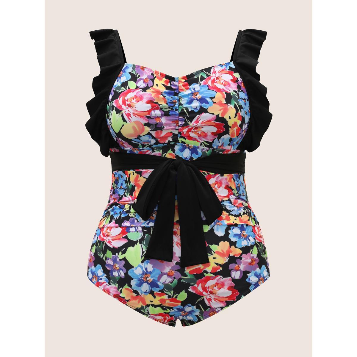 Plus Size Floral Contrast Tie Knot Ruffle Trim One Piece Swimsuit Women's Swimwear Black Beach Tie knot Curve Bathing Suits High stretch One Pieces BloomChic 30/6X Product Image