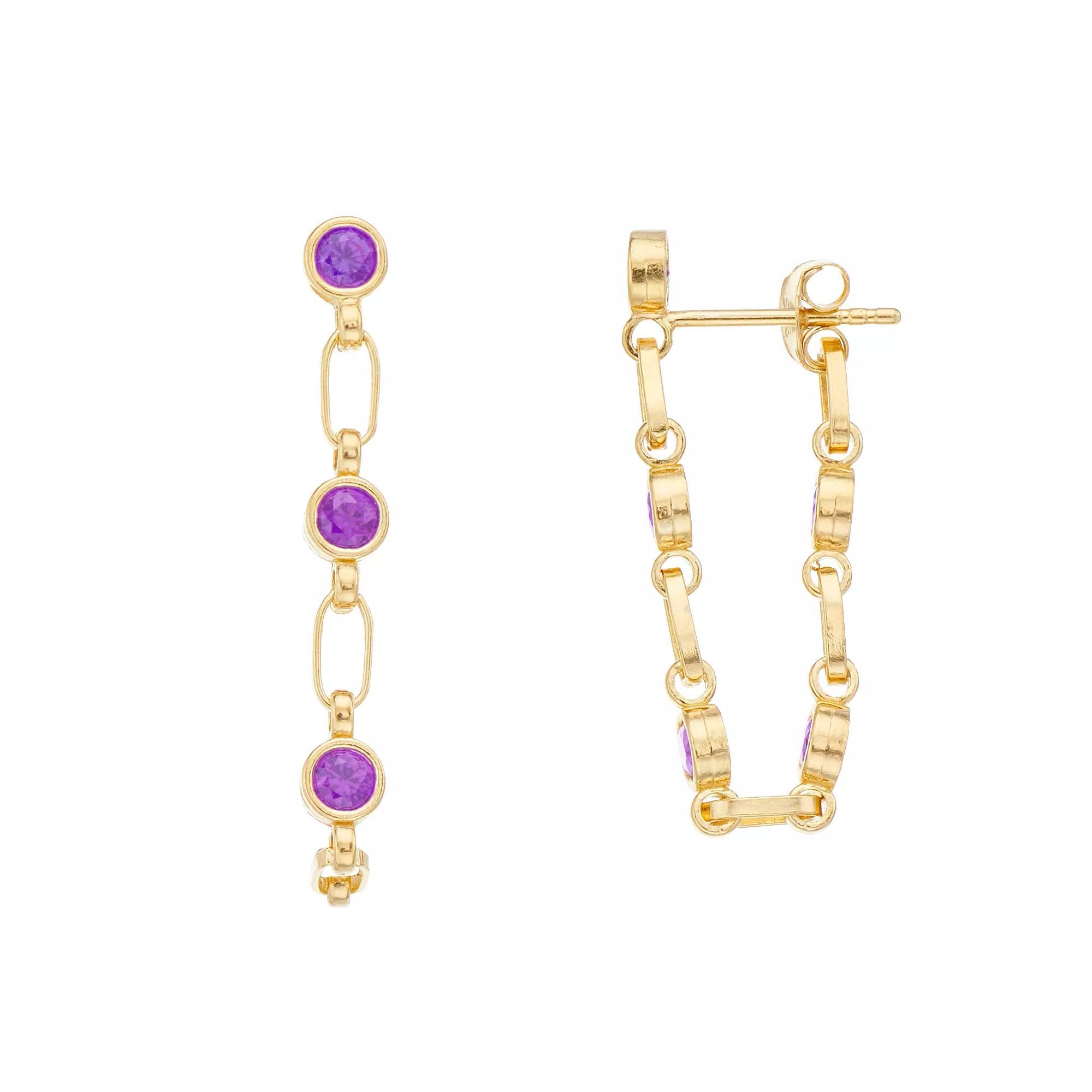 Kristen Kesho Sterling Silver Lab-Created Amethyst Chain Hoop Earrings, Women's, Gold Tone Product Image