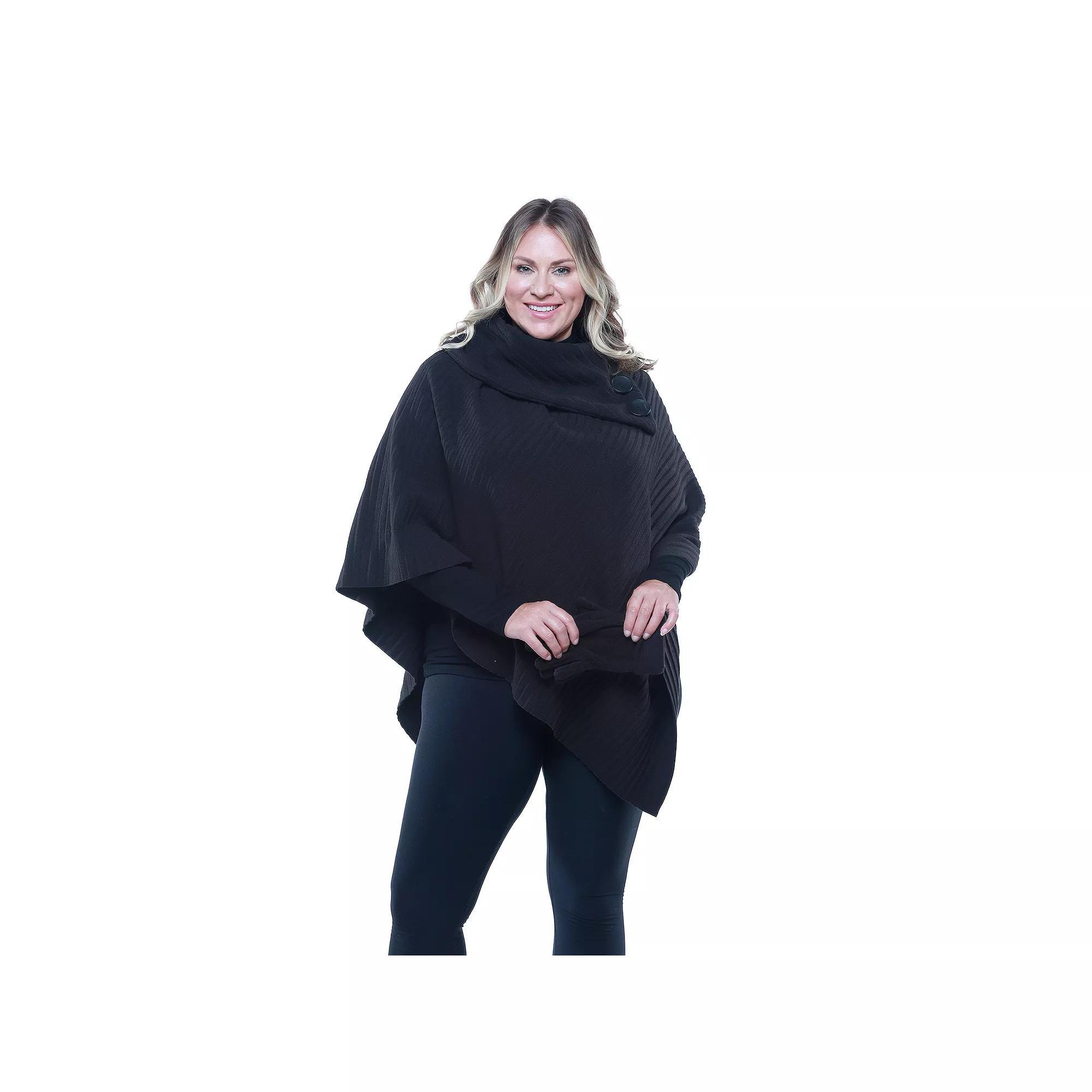 Women's Linda Anderson Le Moda Pleated Fleece Poncho & Gloves Set, Black Product Image