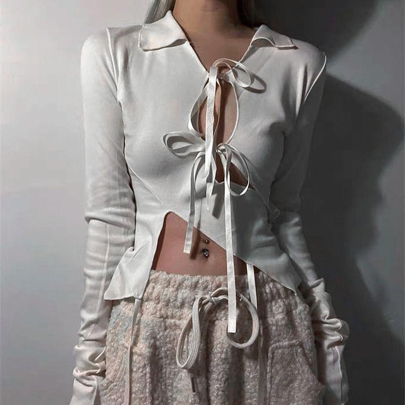 Long-Sleeve Collared Plain Asymmetrical Cutout Tie Front Crop Top Product Image