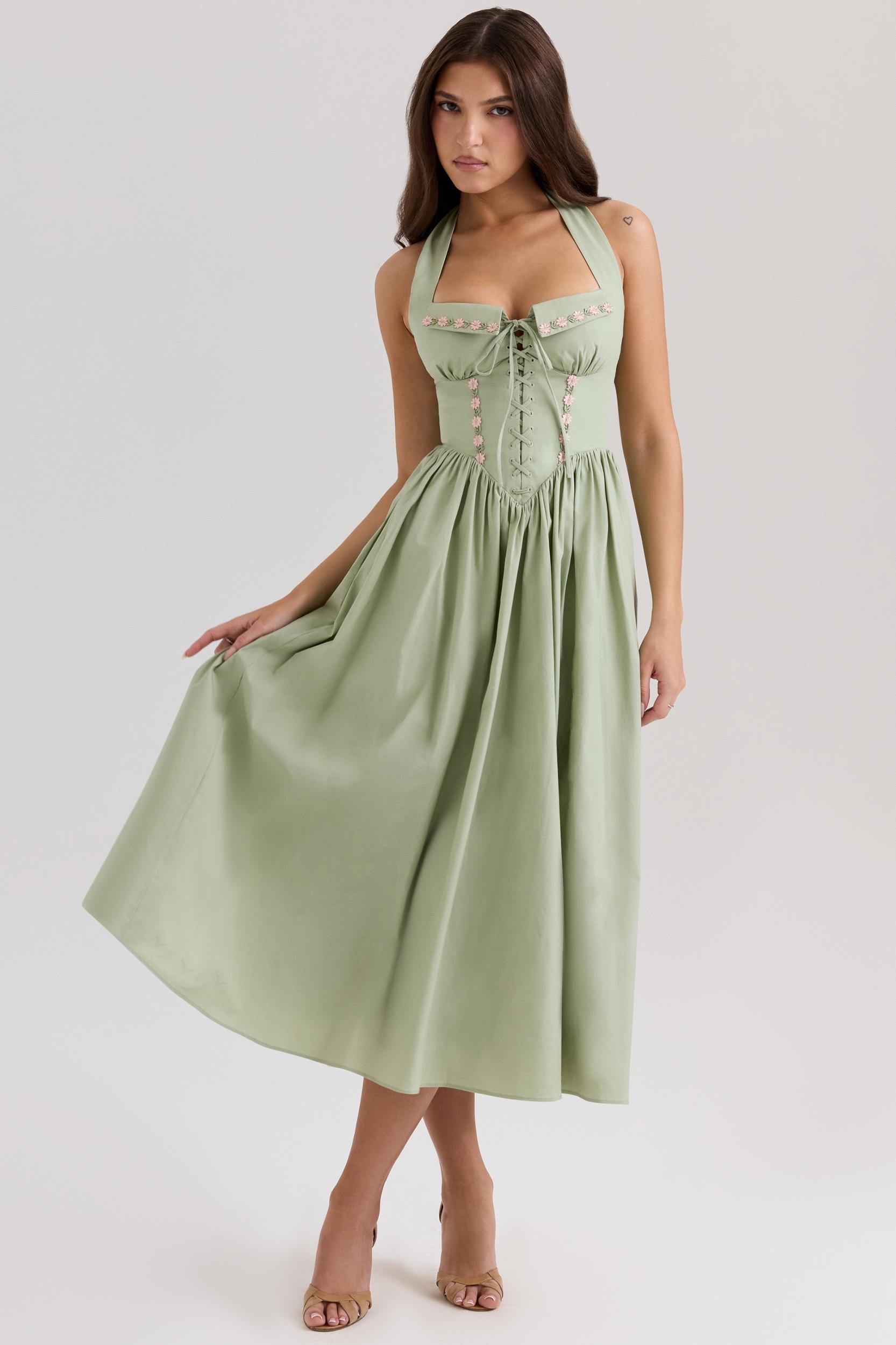 Emilia  sage stretch cotton halter neck midi dress Product Image
