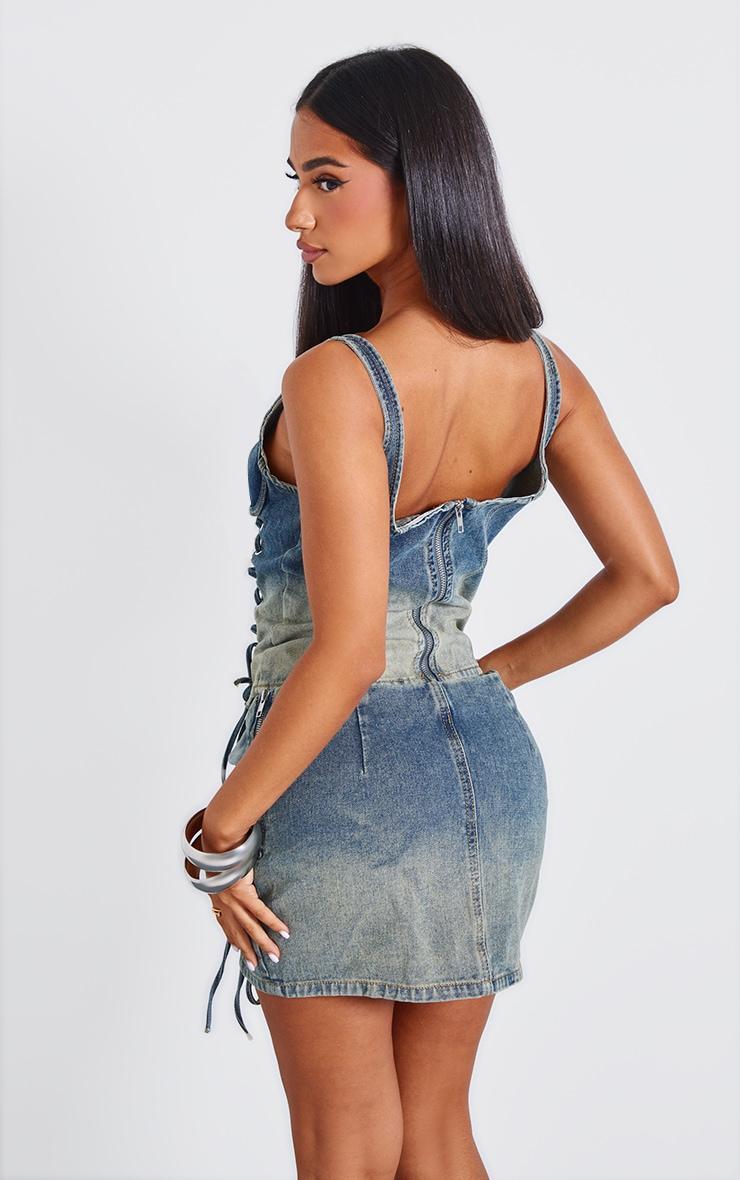 Petite Indigo Vintage Wash Lace Up Detail Denim Corset Product Image
