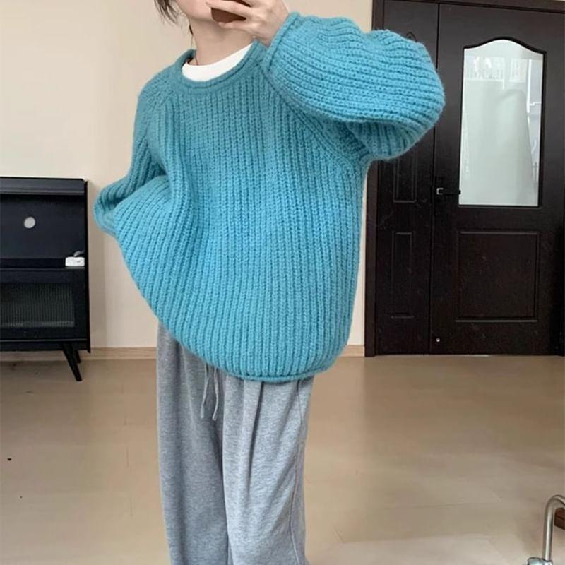 Round Neck Plain Ribbed Sweater Product Image