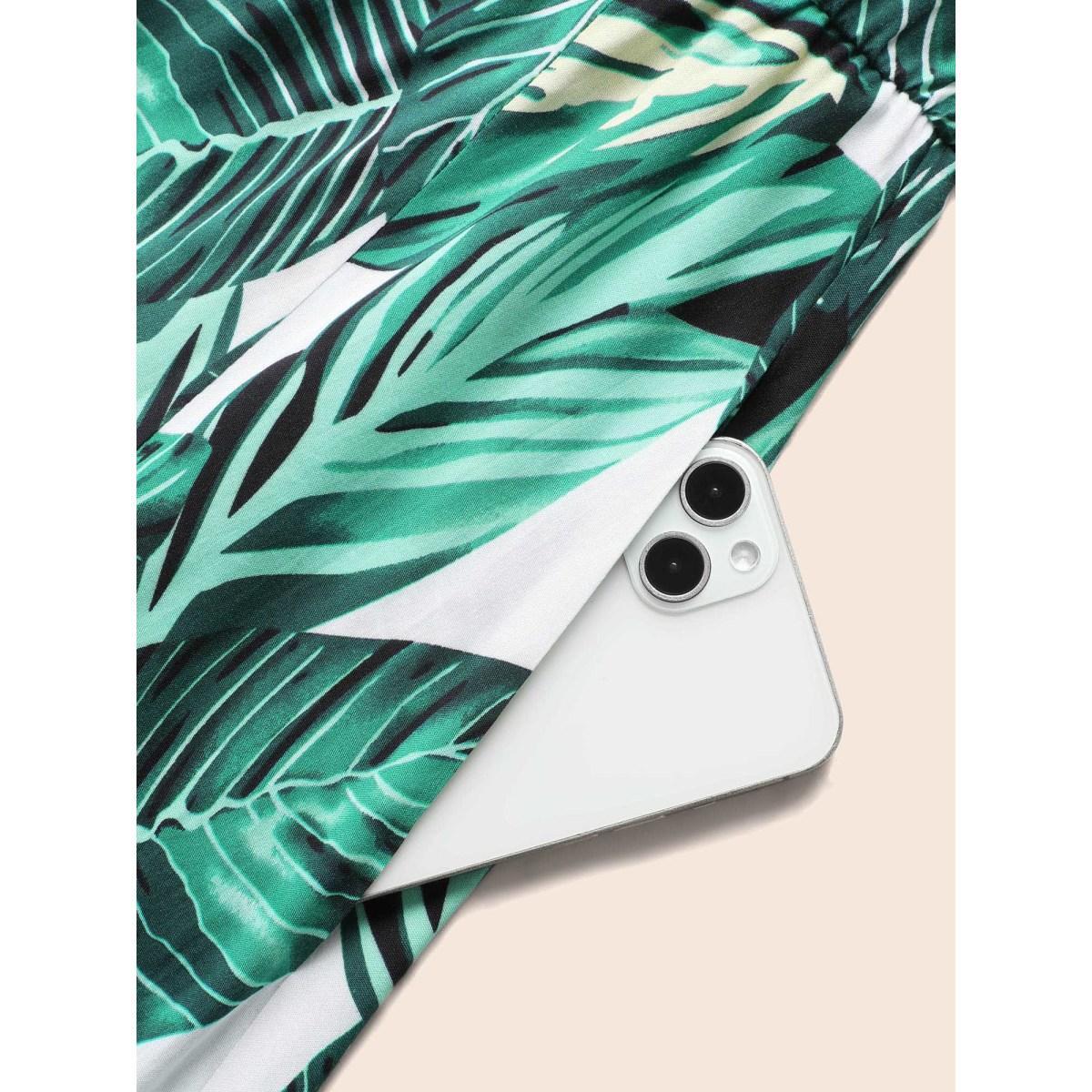 Plus Size Tropical Print Knotted Pocket Ruffles Belted Halter Dress Emerald Women Resort Non Halter neck Sleeveless Curvy Midi Dress BloomChic 10/M Product Image