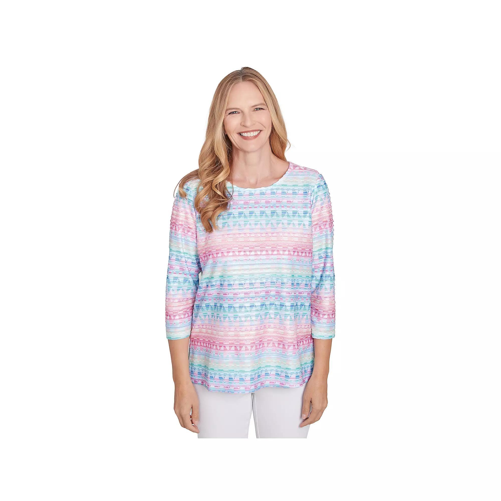 Women's Alfred Dunner Geometric Crewneck Biadere Top, Size: Large, Pink Team Product Image