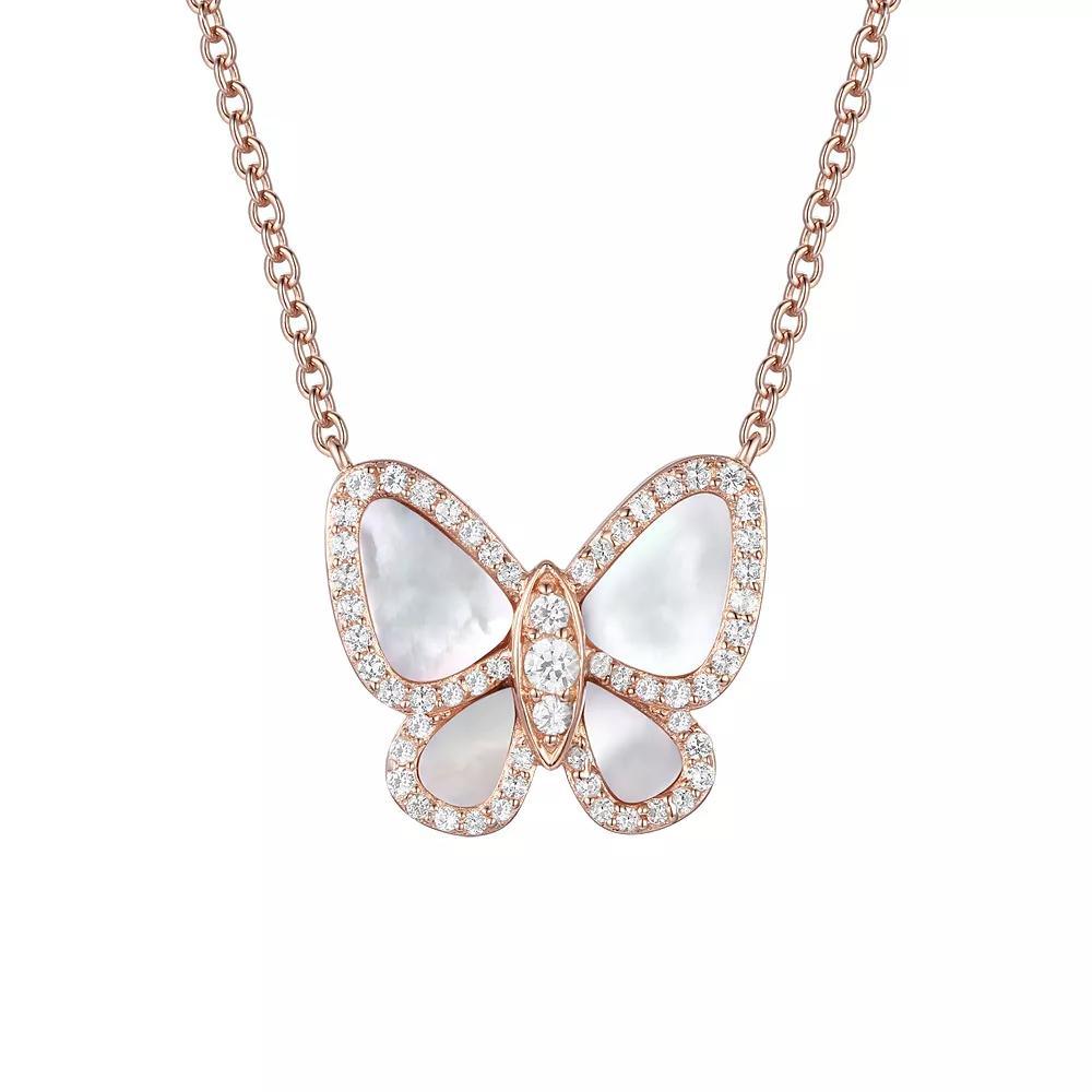 14k Rose Gold Over Silver Mother-Of-Pearl & Lab-Created White Sapphire Butterfly Pendant Necklace, Women's, Size: 17", Pink Tone Product Image