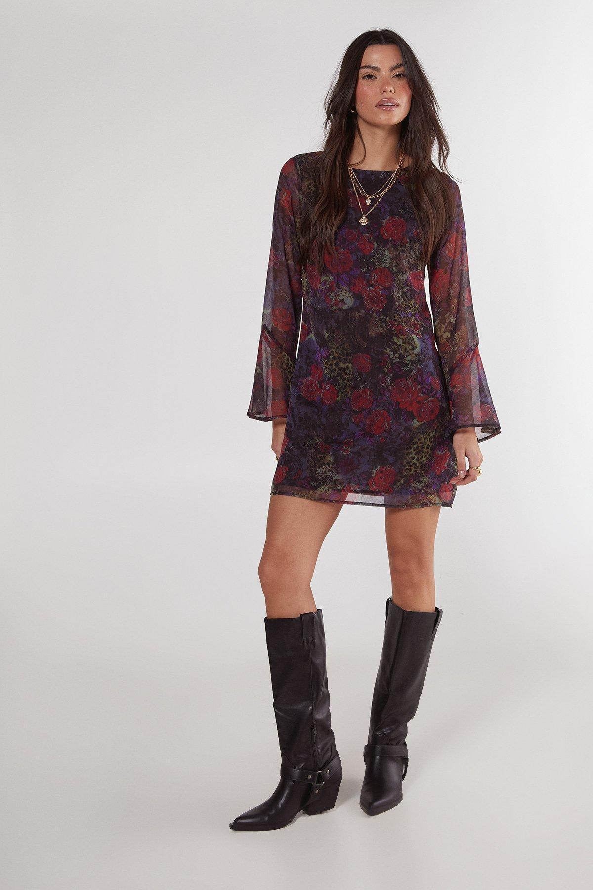 Floral Animal Chiffon Fluted Sleeve Tunic Dress Product Image