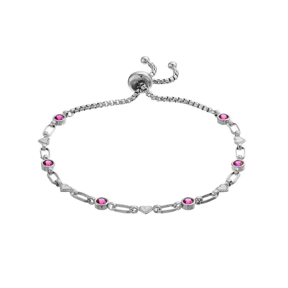 Kristen Kesho Sterling Silver Lab-Created Ruby & Heart Link Adjustable Bolo Bracelet, Women's, Size: 9.50 Product Image