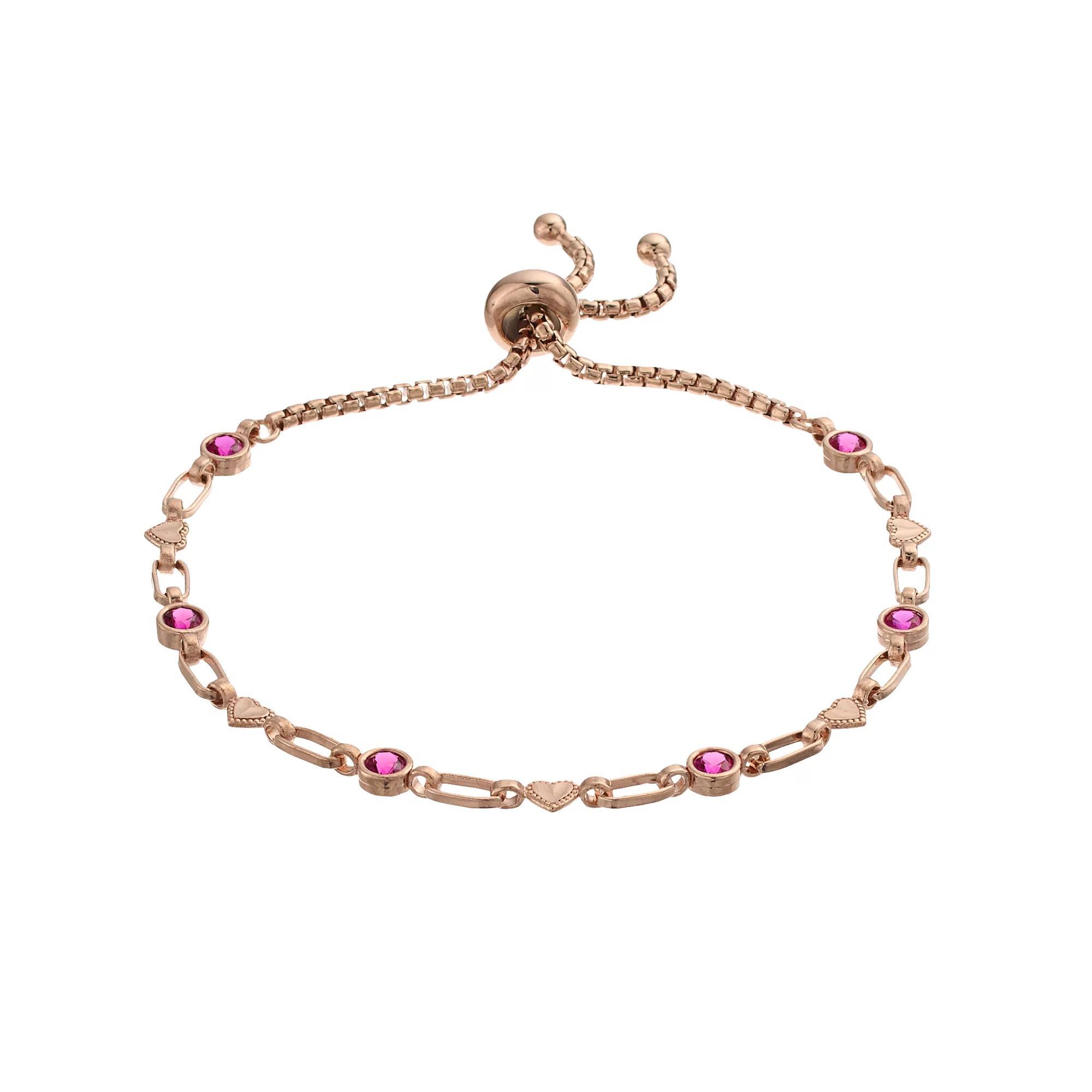 Kristen Kesho Sterling Silver Lab-Created Ruby & Heart Link Adjustable Bolo Bracelet, Women's, Size: 9.50, Pink Tone Product Image