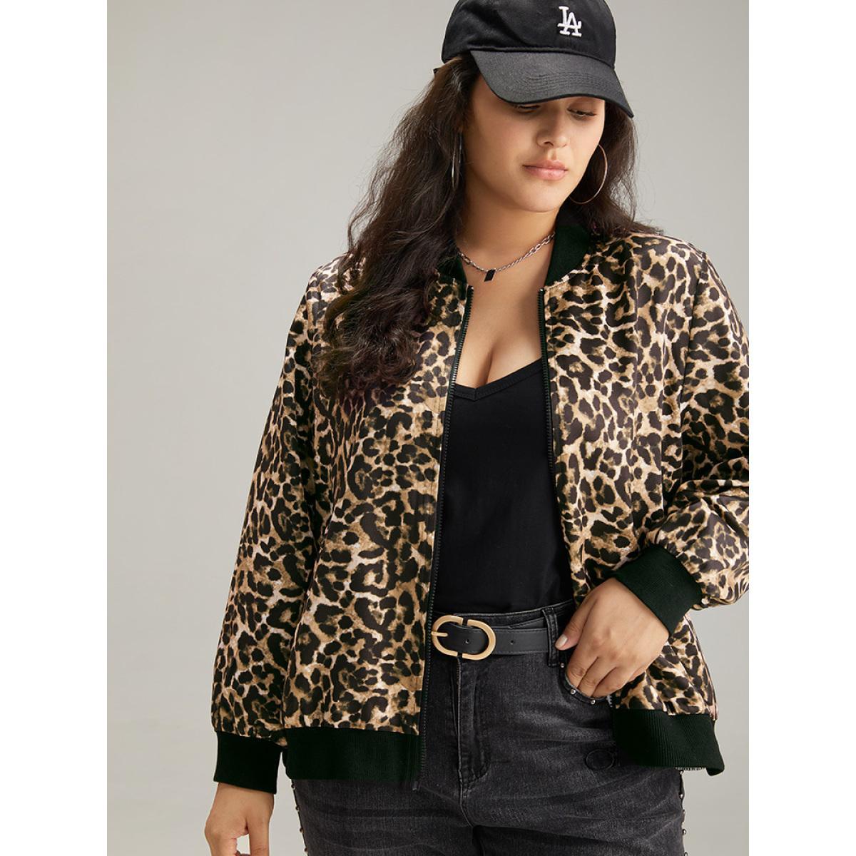 Plus Size Leopard Patchwork Zipper Pocket Jacket Women Leopard Elastic cuffs Pocket Dailywear Jackets BloomChic 30/6X Product Image