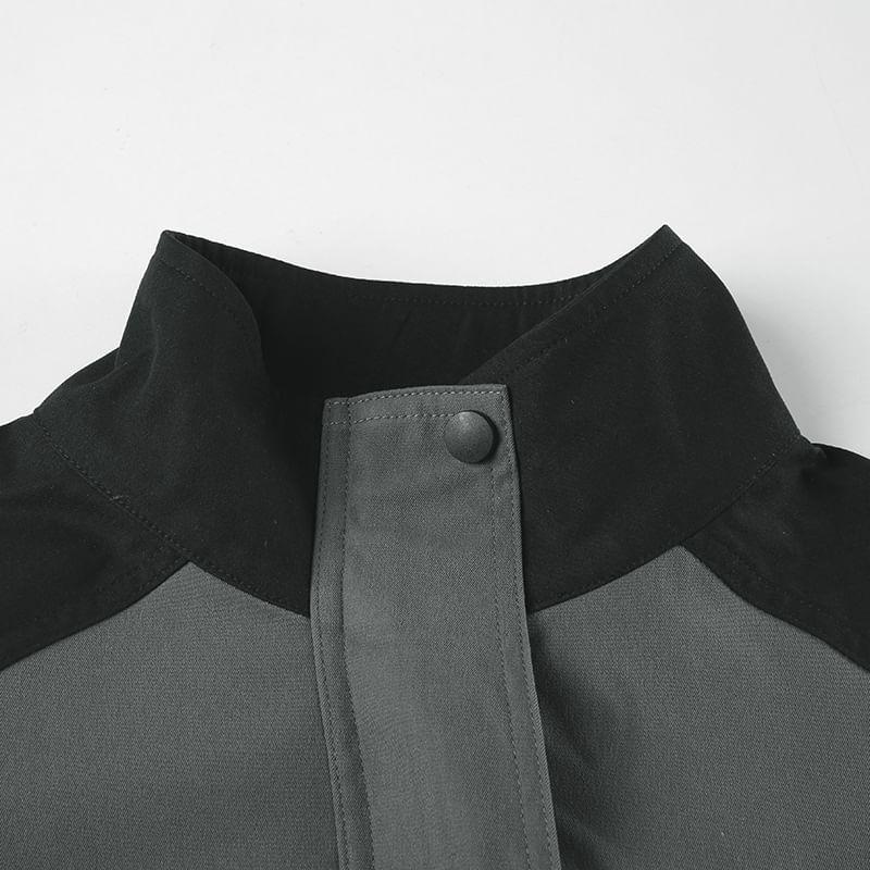 Stand Collar Two Tone Drawstring Hem Zip-Up Crop Jacket Product Image