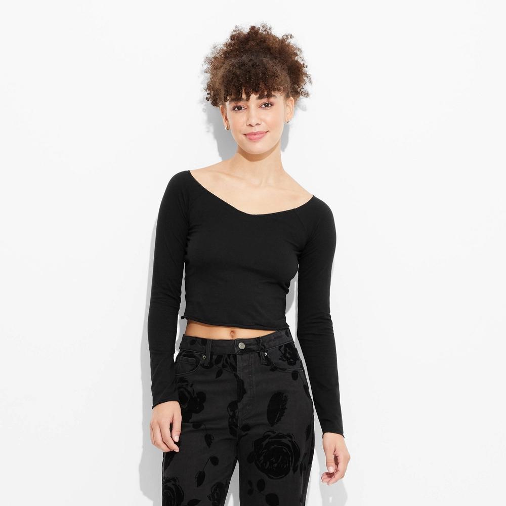 Women's Long Sleeve V-Neck T-Shirt - Wild Fable™ Black M: Cotton Blend, Lightweight Knit, Cropped Pullover, Machine Washable Product Image