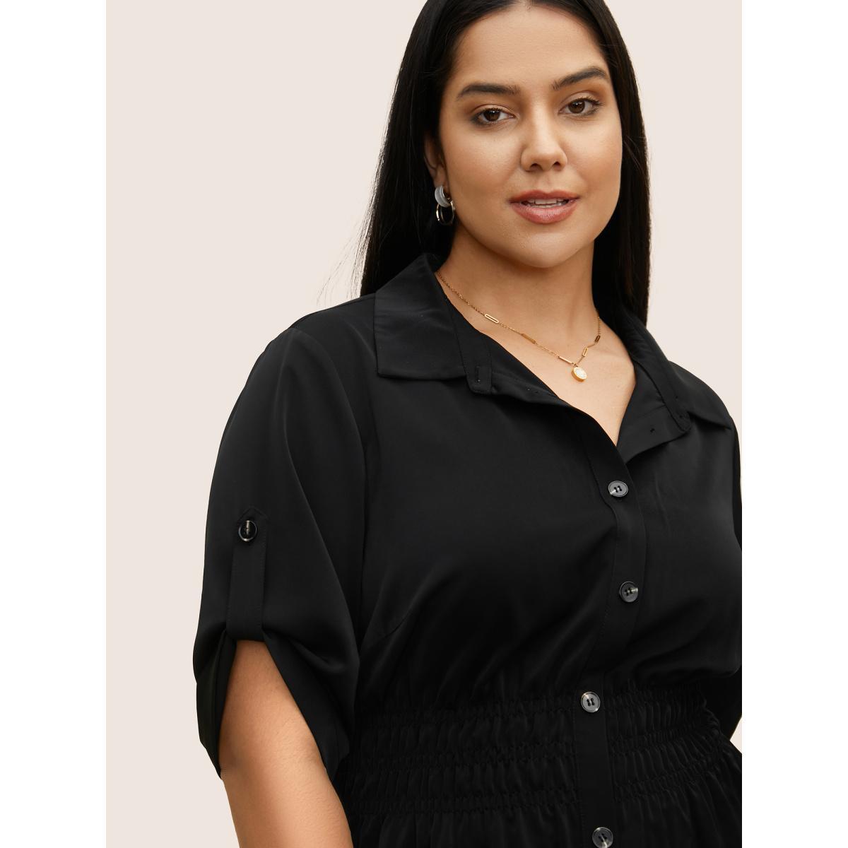 Plus Size Black Shirt Collar Button Cuff Sleeve Blouse Women Work From Home Half Sleeve Shirt collar Work Blouses BloomChic 30/6X Product Image