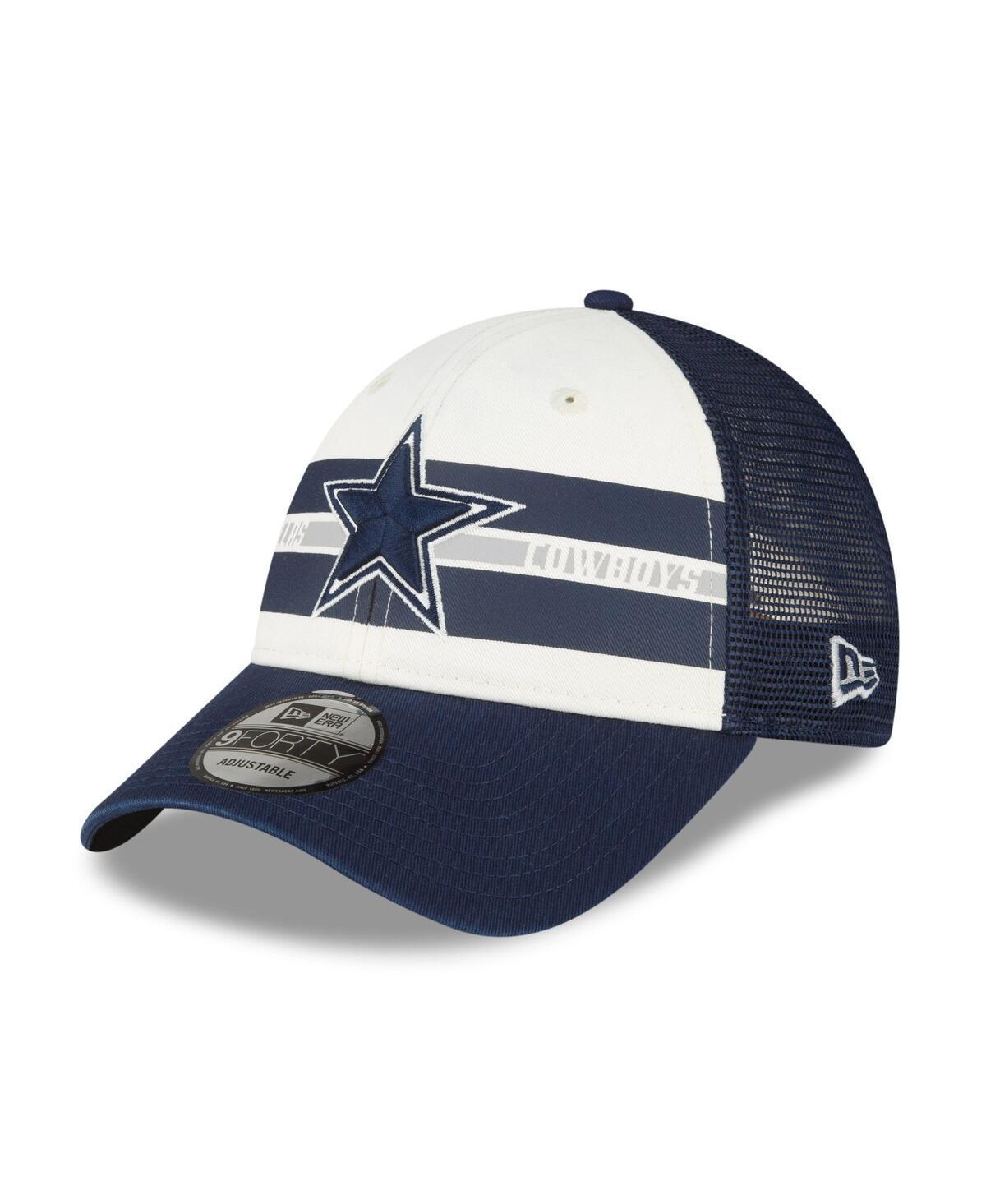 Men's New Era Cream/Navy Dallas Cowboys Team Stripe Trucker 9FORTY Snapback Hat, Beige Product Image
