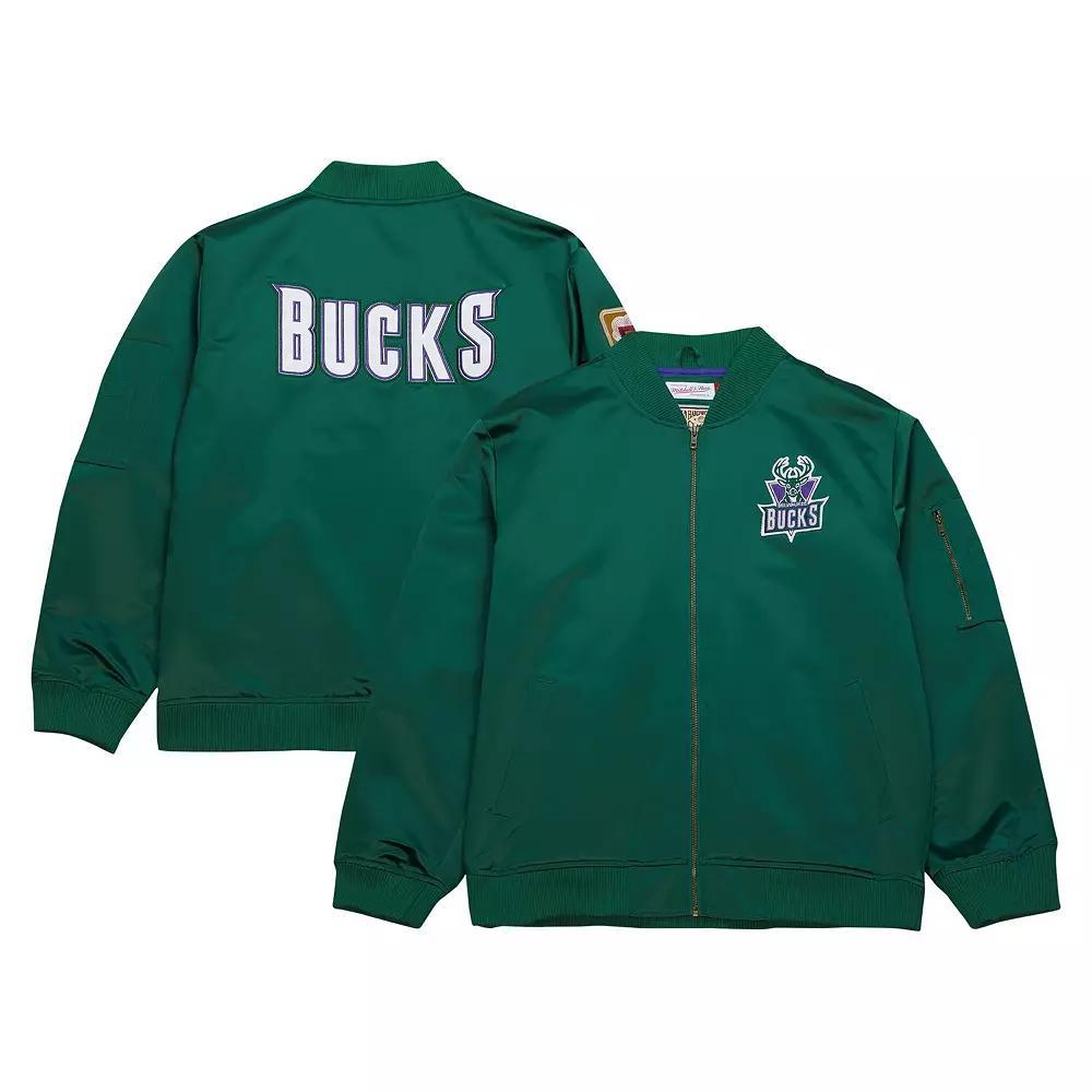 Men's Mitchell & Ness Green Milwaukee Bucks Hardwood Classics Vintage Logo Full-Zip Bomber Jacket, Size: XL Product Image