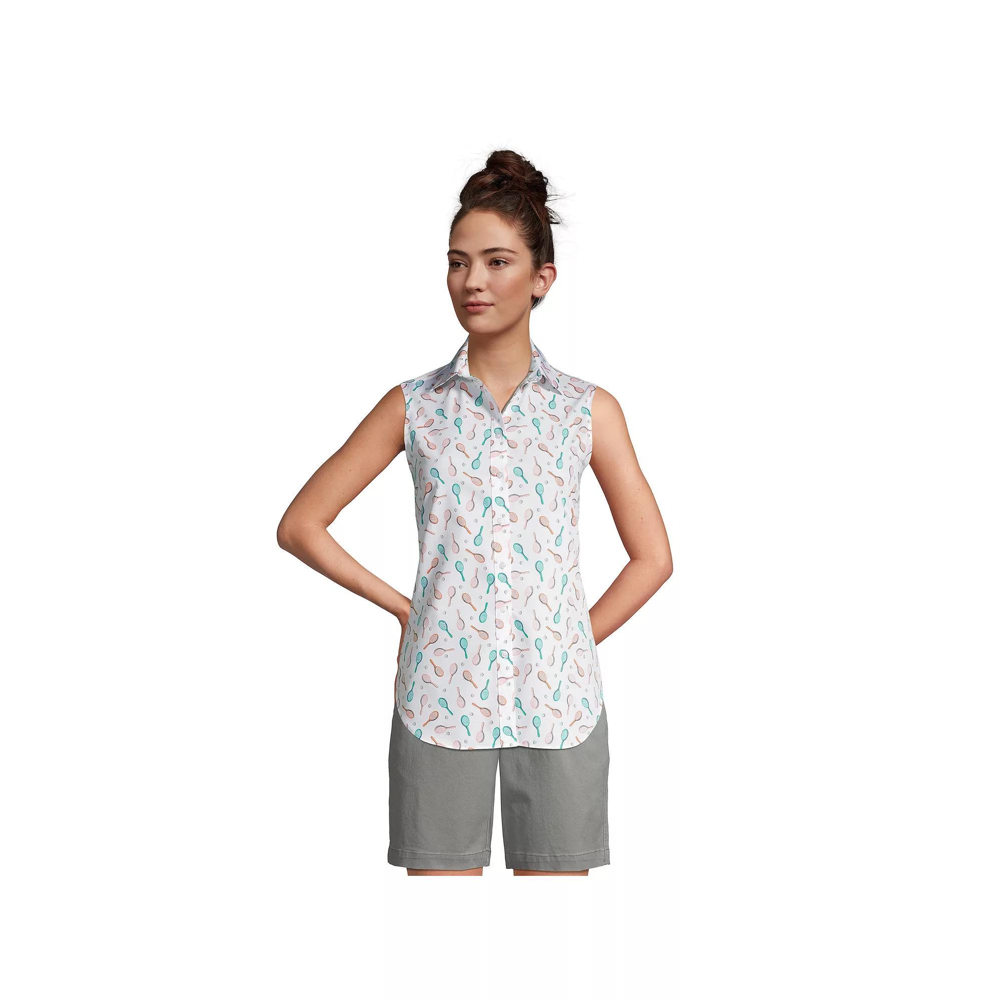 Women's Lands' End No-Iron Supima Cotton Sleeveless Shirt, Size: 4, White Tennis Print Product Image