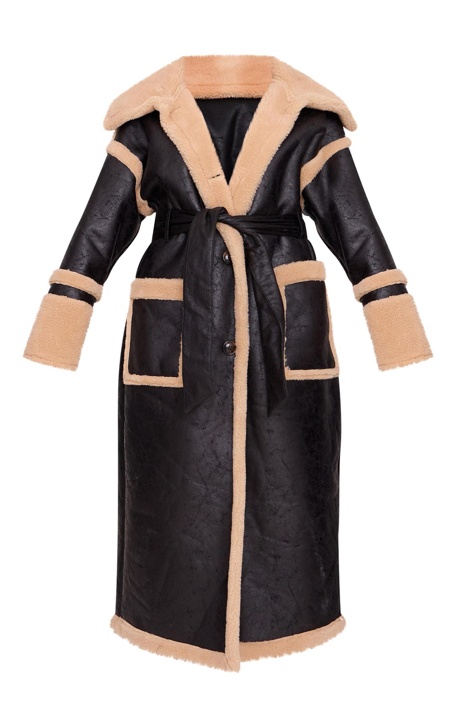 Black Faux Leather Vintage Look Borg Coat Product Image