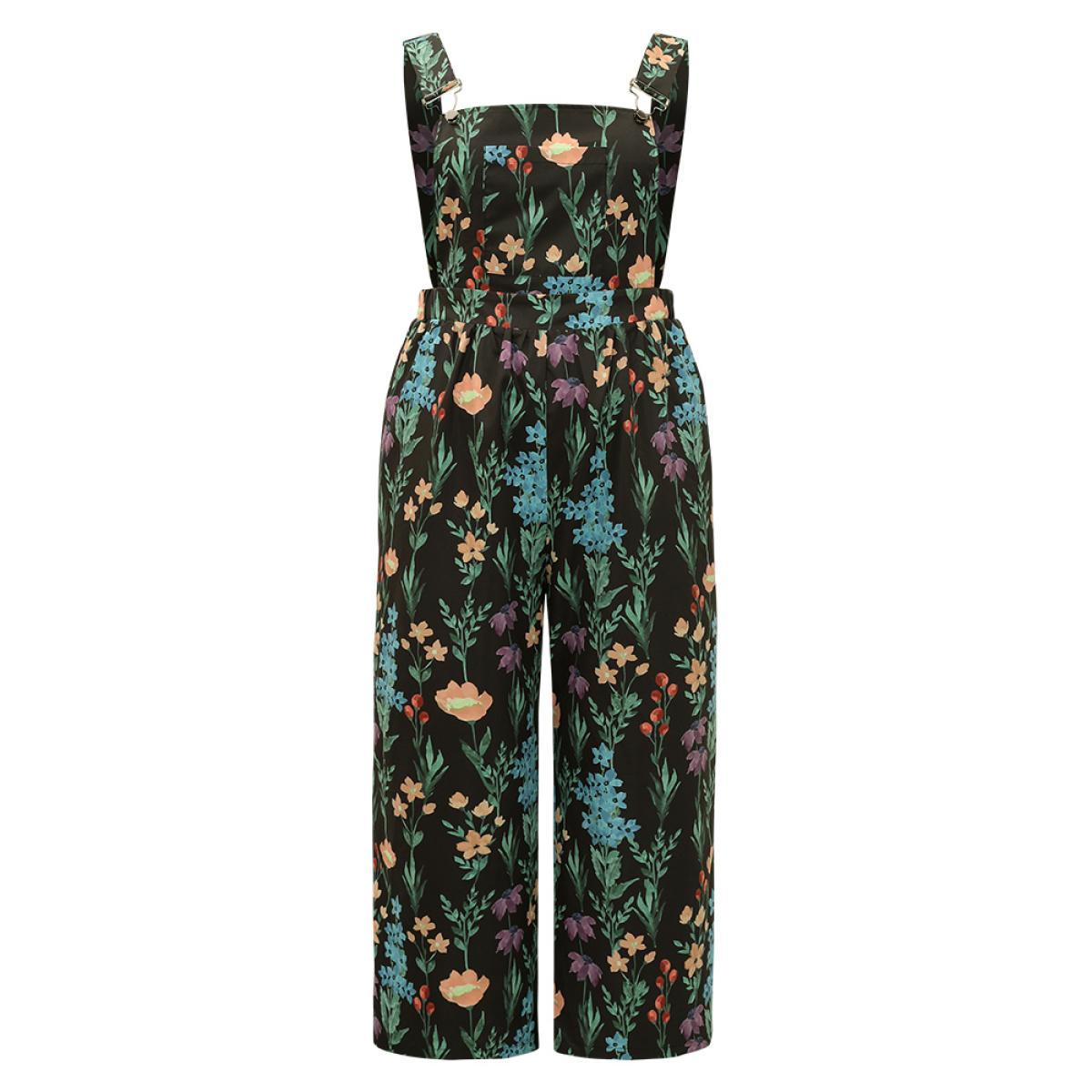 Plus Size Navy Floral Pocket Adjustable Straps Gathered Jumpsuit Women Elegant Sleeveless Spaghetti Strap Dailywear Loose Jumpsuits BloomChic 22-24/3X Product Image