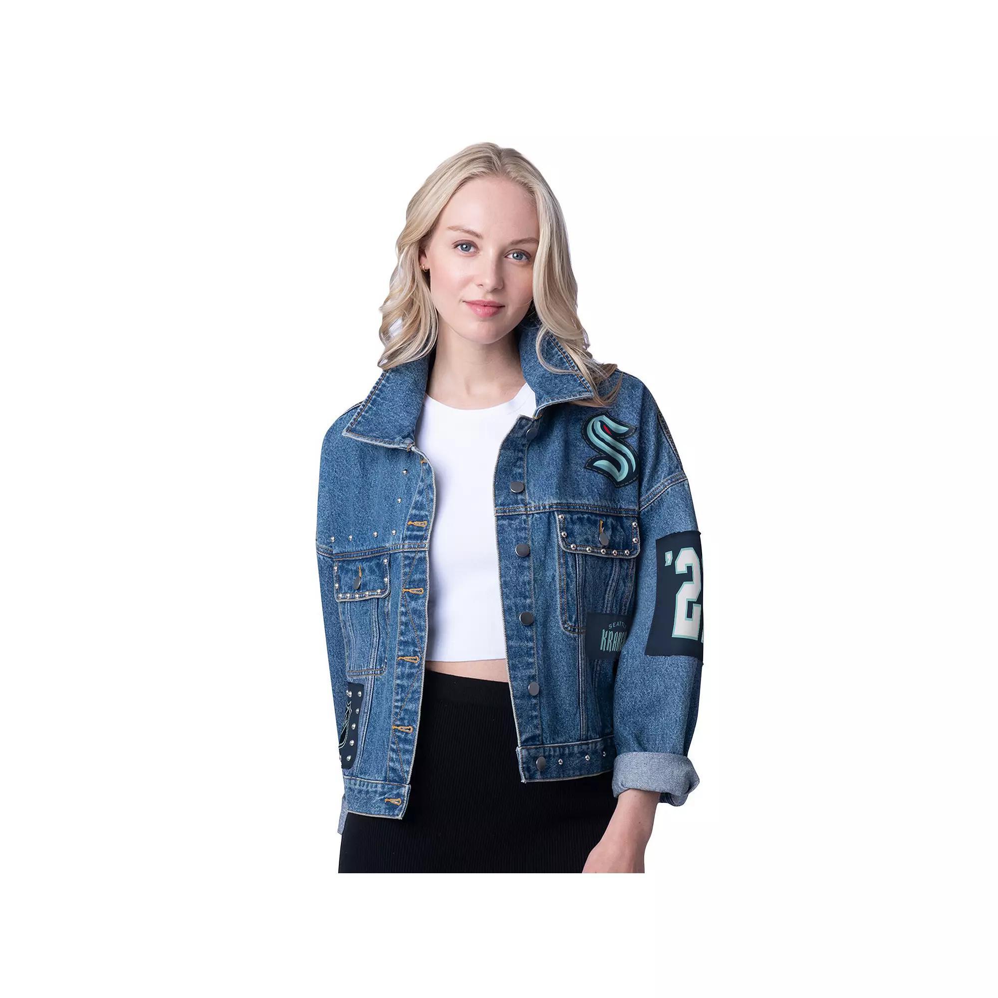 Women's G-III 4Her by Carl Banks  Seattle Kraken Game Ball Cropped Button-Up Denim Jacket, Size: XL, Krk Turquoise A Product Image