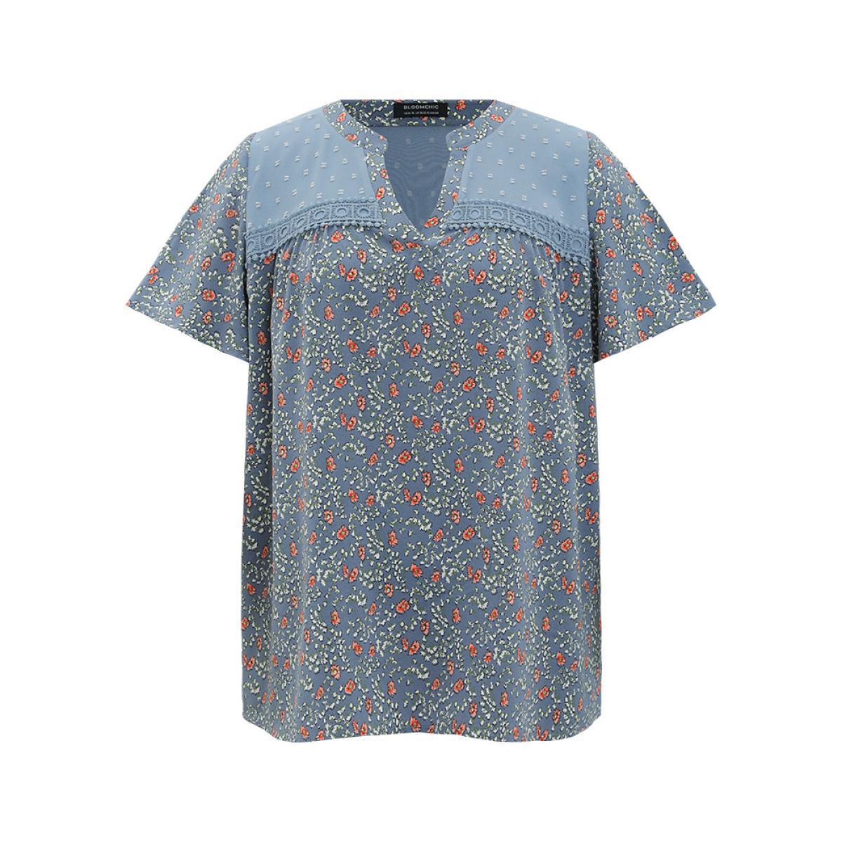 Plus Size Stone Ditsy Floral & Polka Dot Lace Notched Neck Blouse Women Elegant Short sleeve Notched collar Dailywear Blouses BloomChic 26/4X Product Image
