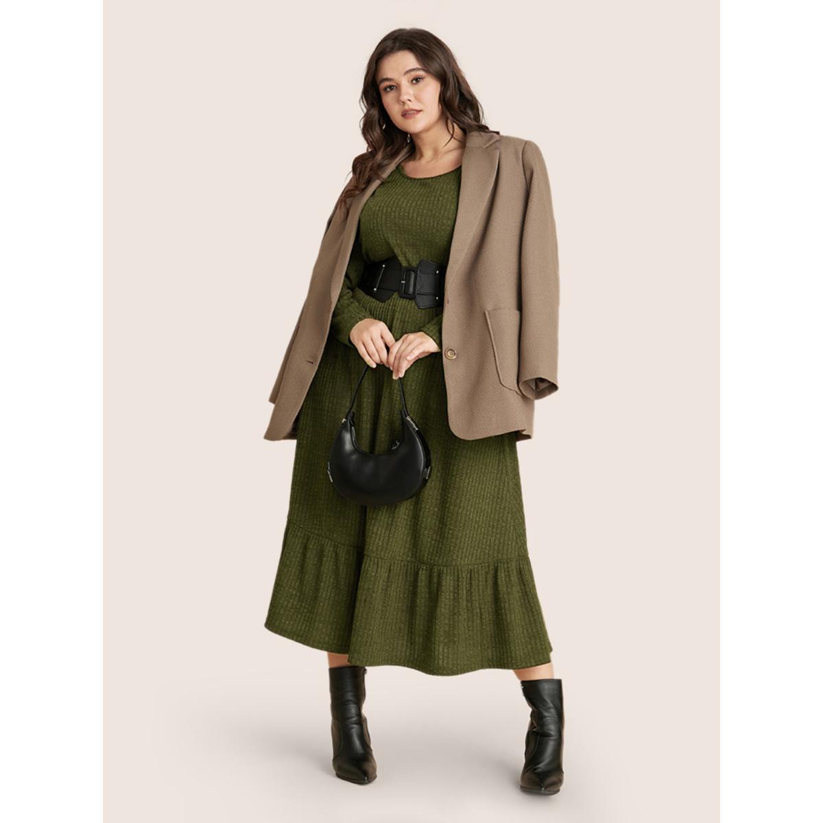 Plus Size Solid Pocket Rib Knit Ruffle Hem Dress Without Belt ArmyGreen Women Basics Non Round Neck Long Sleeve Curvy Midi Dress BloomChic 10/M Product Image