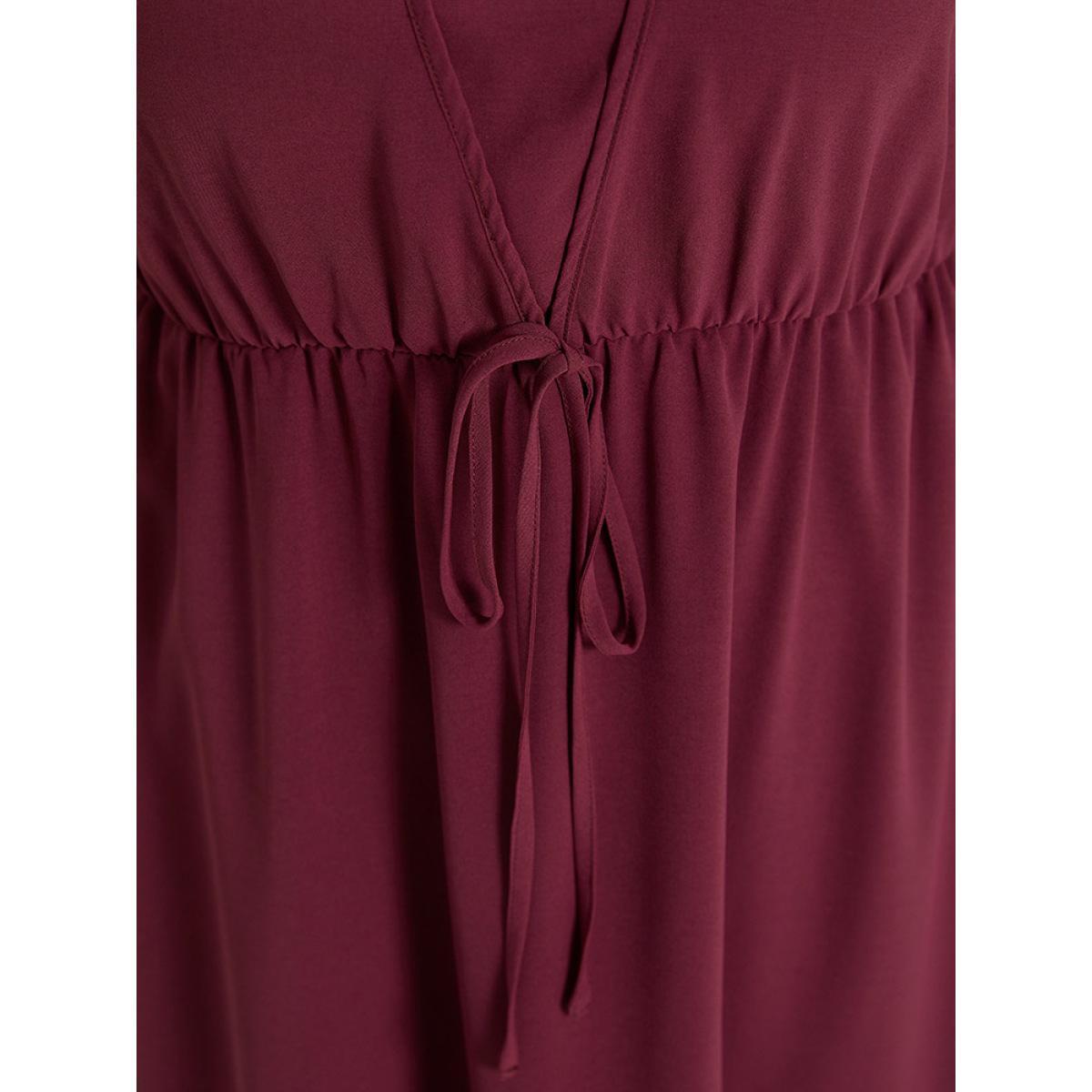 Plus Size Plain Frill Trim Gathered Ties Square Neck Tank Dress Burgundy Women Elegant Plain Square Neck Sleeveless Curvy Midi Dress BloomChic 18-20/2X Product Image